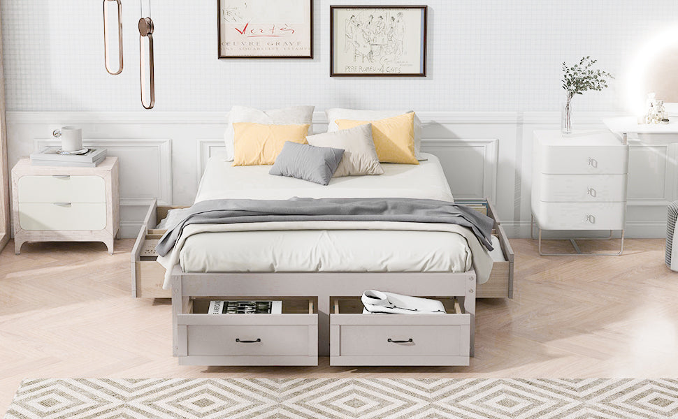 Full Size Platform Bed With 6 Storage Drawers,Antique White Antique White Mdf Lvl