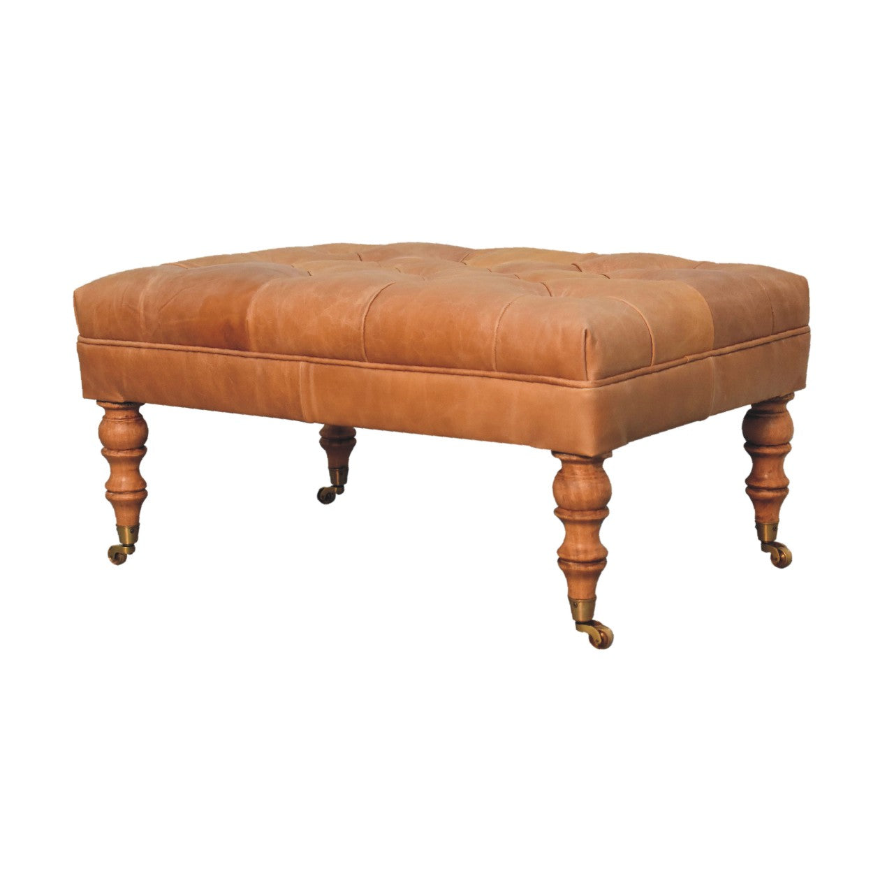 Buffalo Tan Leather Ottoman With Castor Legs Walnut Leather Solid Wood