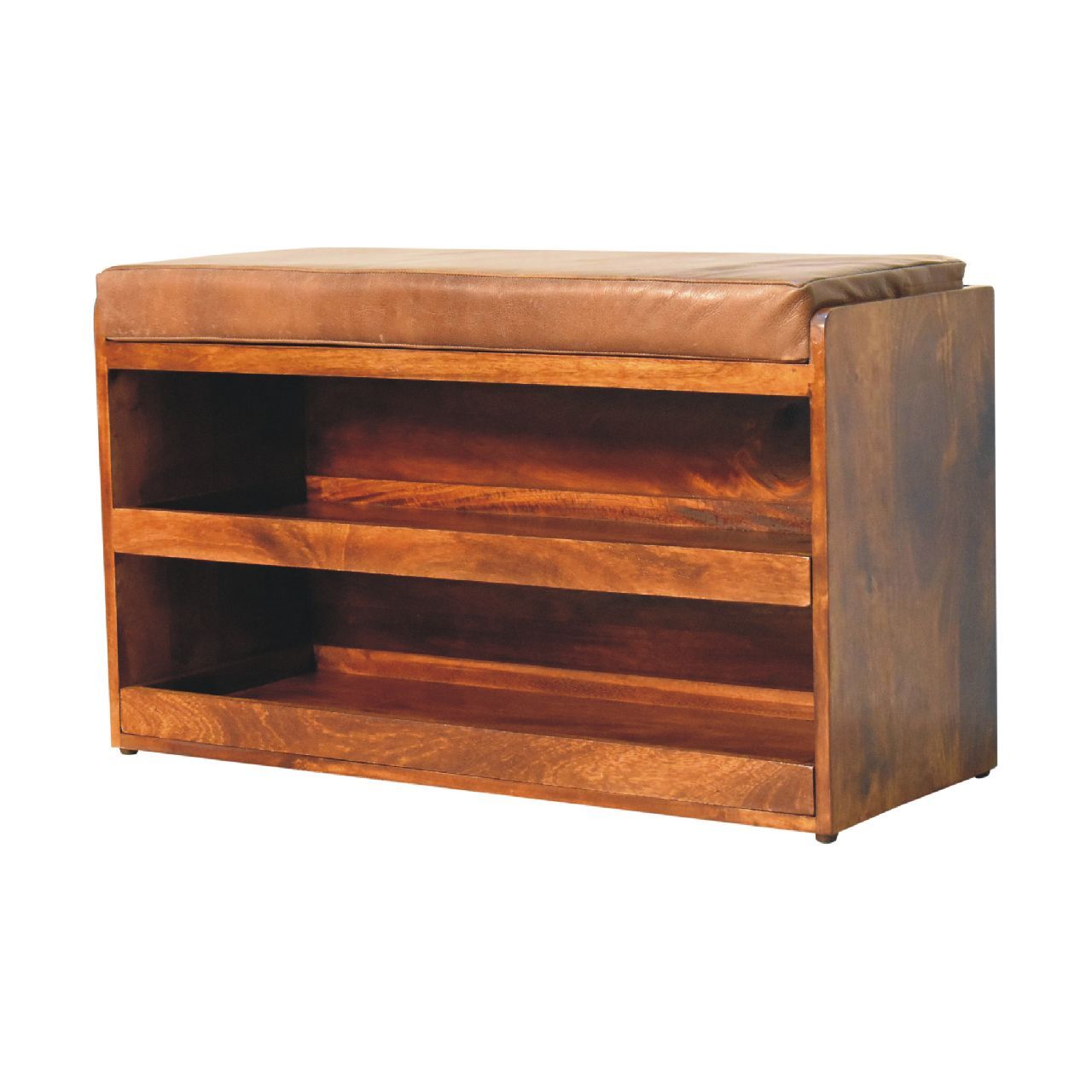 Buffalo Hide Pull Out Chestnut Shoe Storage Bench Chestnut Leather Solid Wood