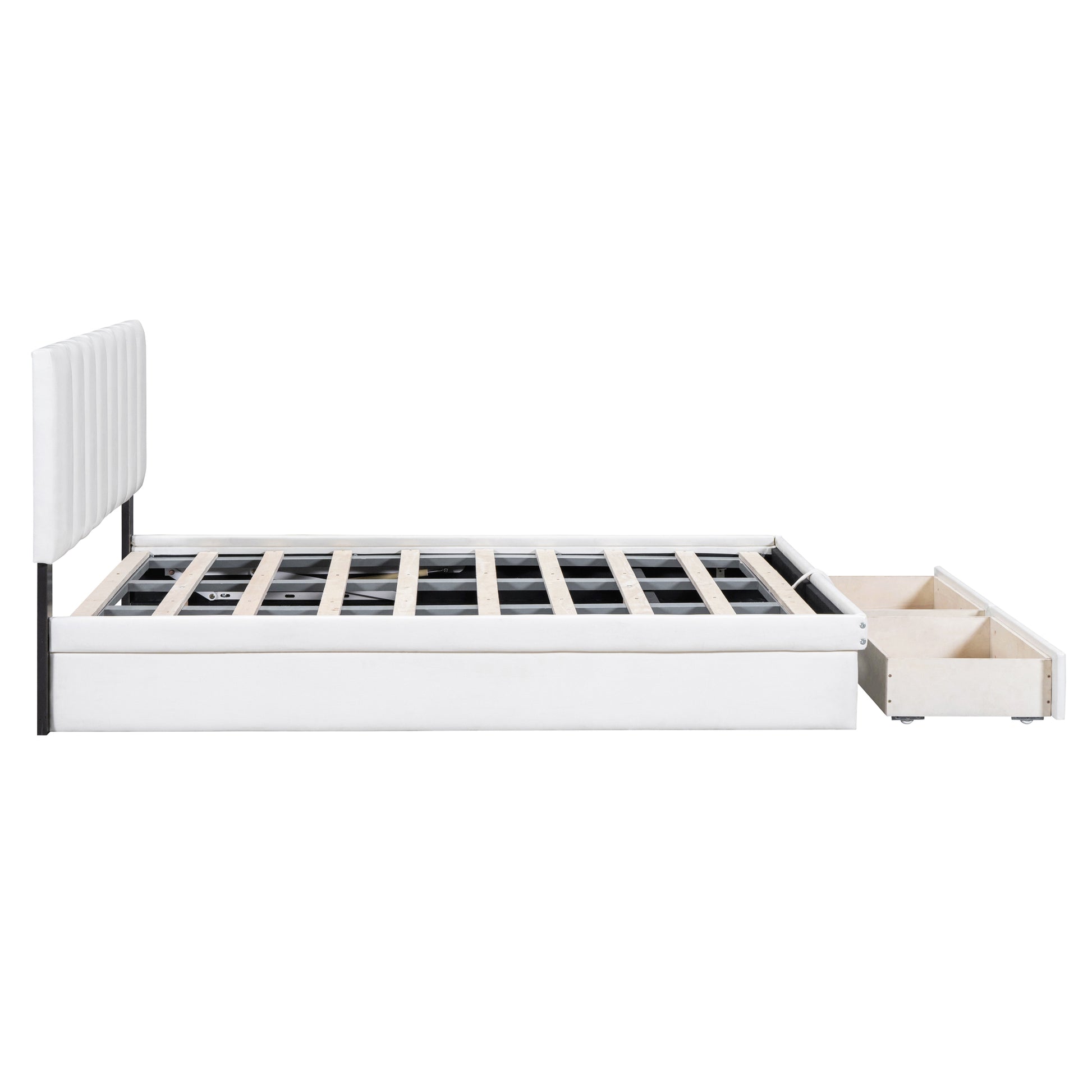 Full Size Upholstered Bed With Hydraulic Storage System And Drawer, White White Pu Leather