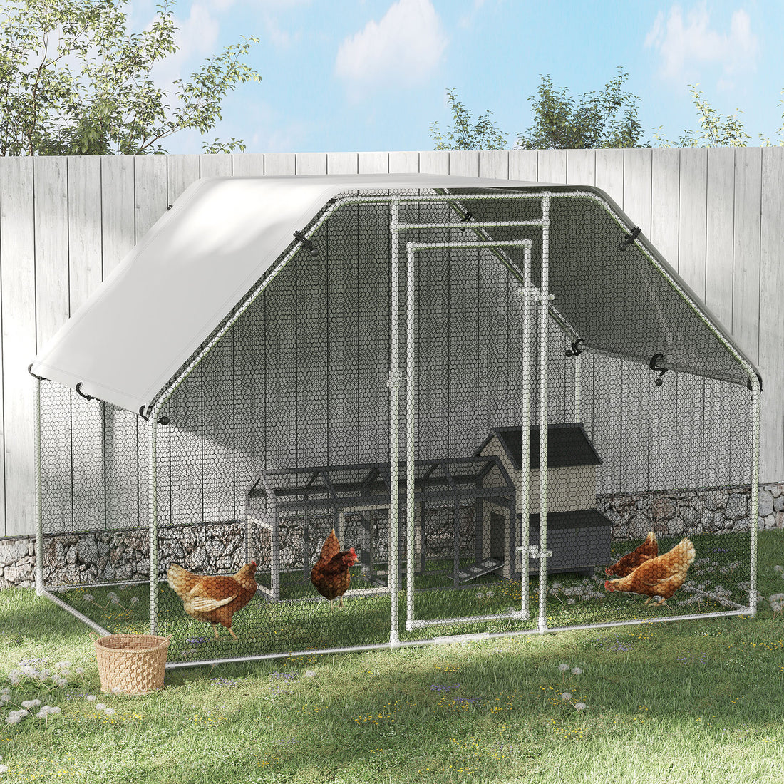 Pawhut Large Chicken Coop Metal Chicken Run With Waterproof And Anti Uv Cover, Flat Shaped Walk In Fence Cage Hen House For Outdoor And Yard Farm Use, 1.26" Tube Diameter, 9' X 6' X 6.5' Silver Steel