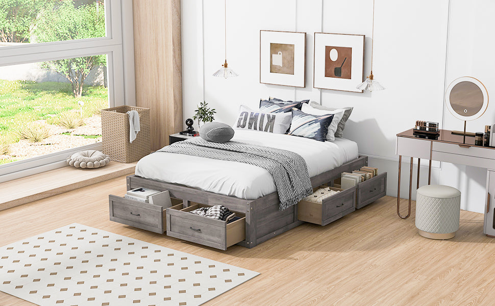 Full Size Platform Bed With 6 Storage Drawers,Antique Gray Antique Gray Mdf Lvl