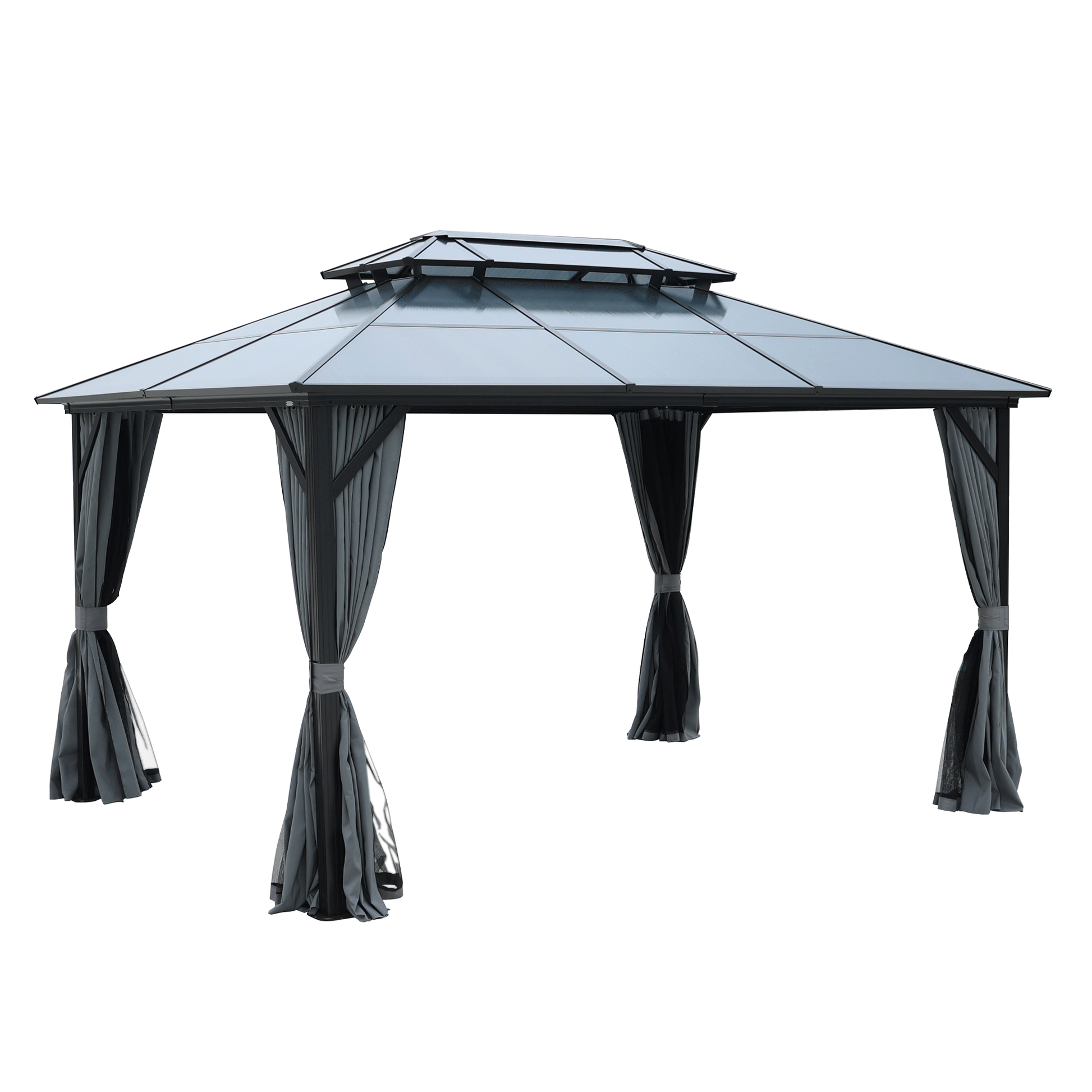 10X13Ft Patio Gazebo With Netting & Curtains, Black Black Gray Rectangular Garden & Outdoor Uv Resistant Gazebos Anchored Aluminium Alloy