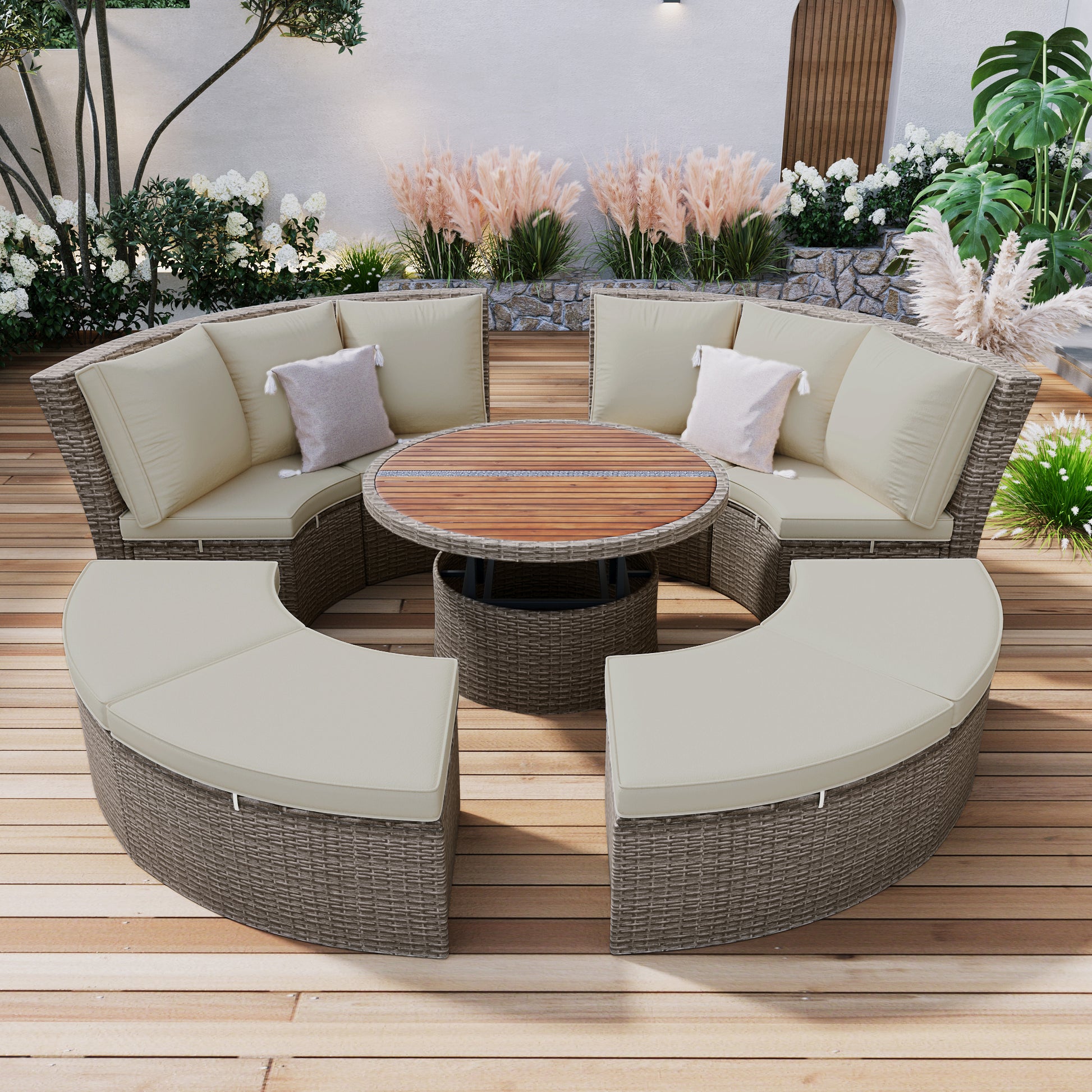 Patio 5 Piece Round Rattan Sectional Sofa Set All Weather Pe Wicker Sunbed Daybed With Round Liftable Table And Washable Cushions For Outdoor Backyard Poolside, Gray Yes Deep Seating Gray Water Resistant Frame Water Resistant Cushion Garden & Outdoor