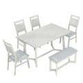Farmhouse 6 Piece Wood Dining Table Set With 4 Upholstered Chairs And Bench, Gray Gray Wood Dining Room Bench Seating Rubberwood Rectangular Dining Table With Chair And Bench Upholstered Chair Wood Gray Solid Back Seats 6 Farmhouse Trestle Foam Solid