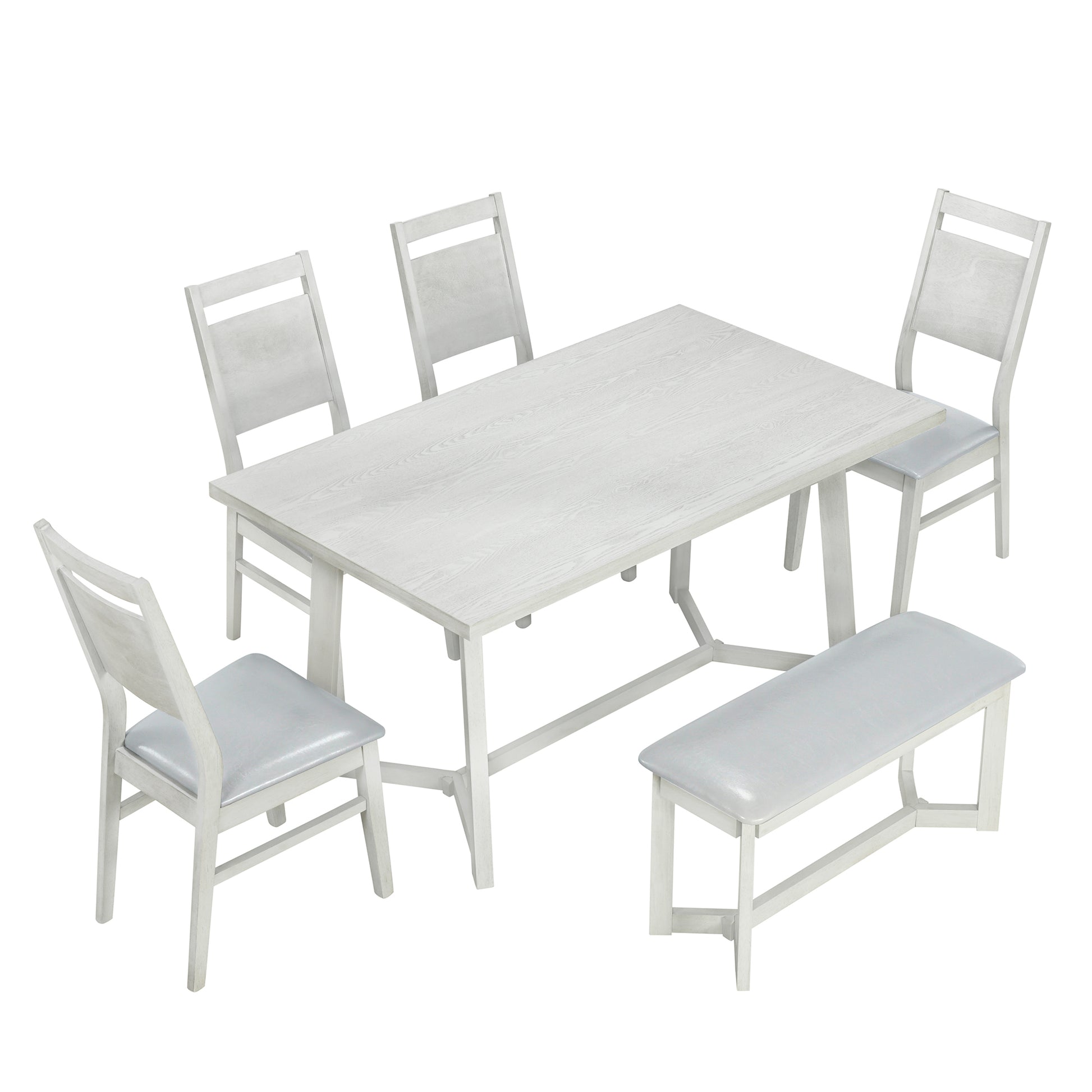 Farmhouse 6 Piece Wood Dining Table Set With 4 Upholstered Chairs And Bench, Gray Gray Wood Dining Room Bench Seating Rubberwood Rectangular Dining Table With Chair And Bench Upholstered Chair Wood Gray Solid Back Seats 6 Farmhouse Trestle Foam Solid