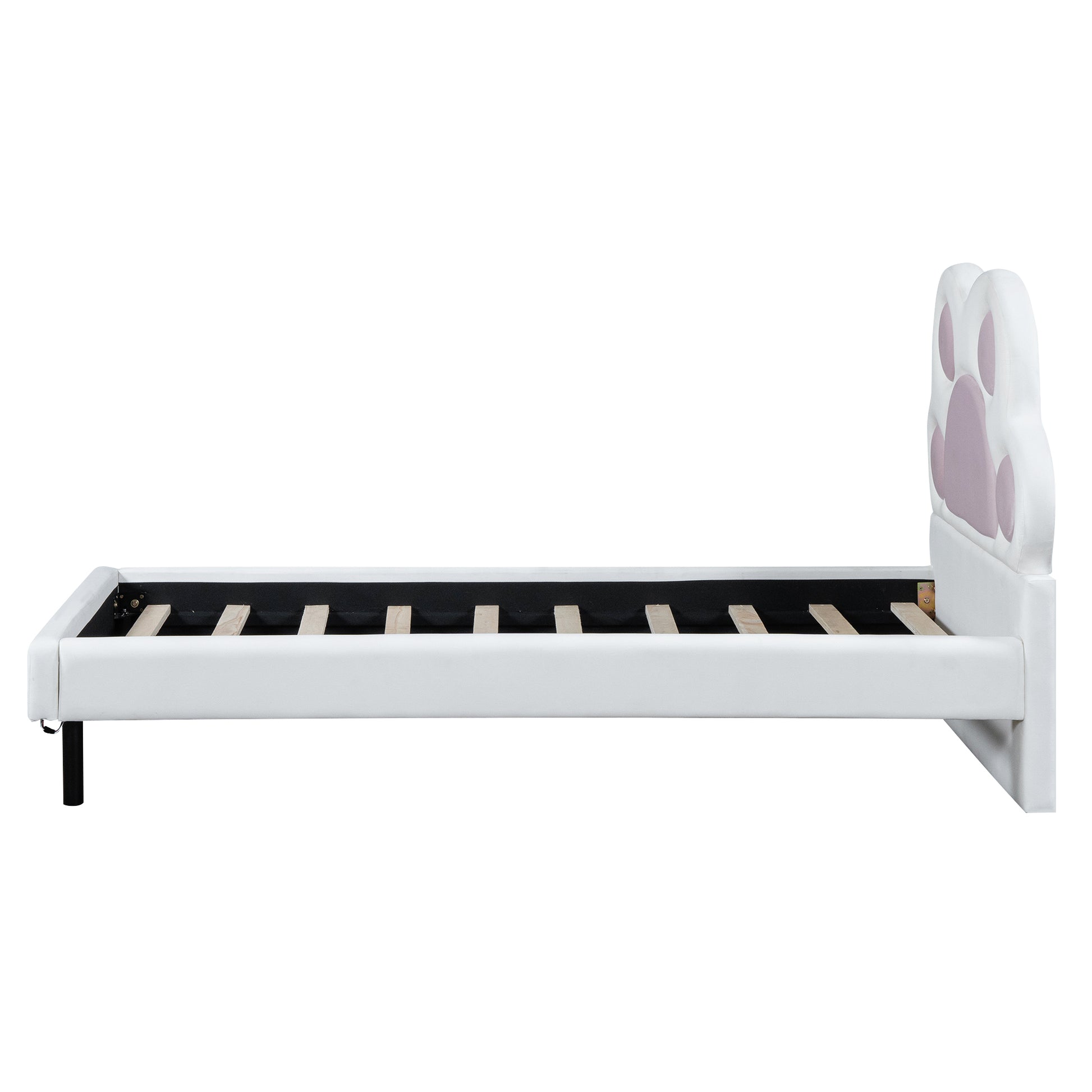 Twin Size Upholstered Platform Bed With Animal Paw Shaped Headboard And Led, Pink Box Spring Not Required Twin White Pink Wood Bedroom Solid Wood Mdf