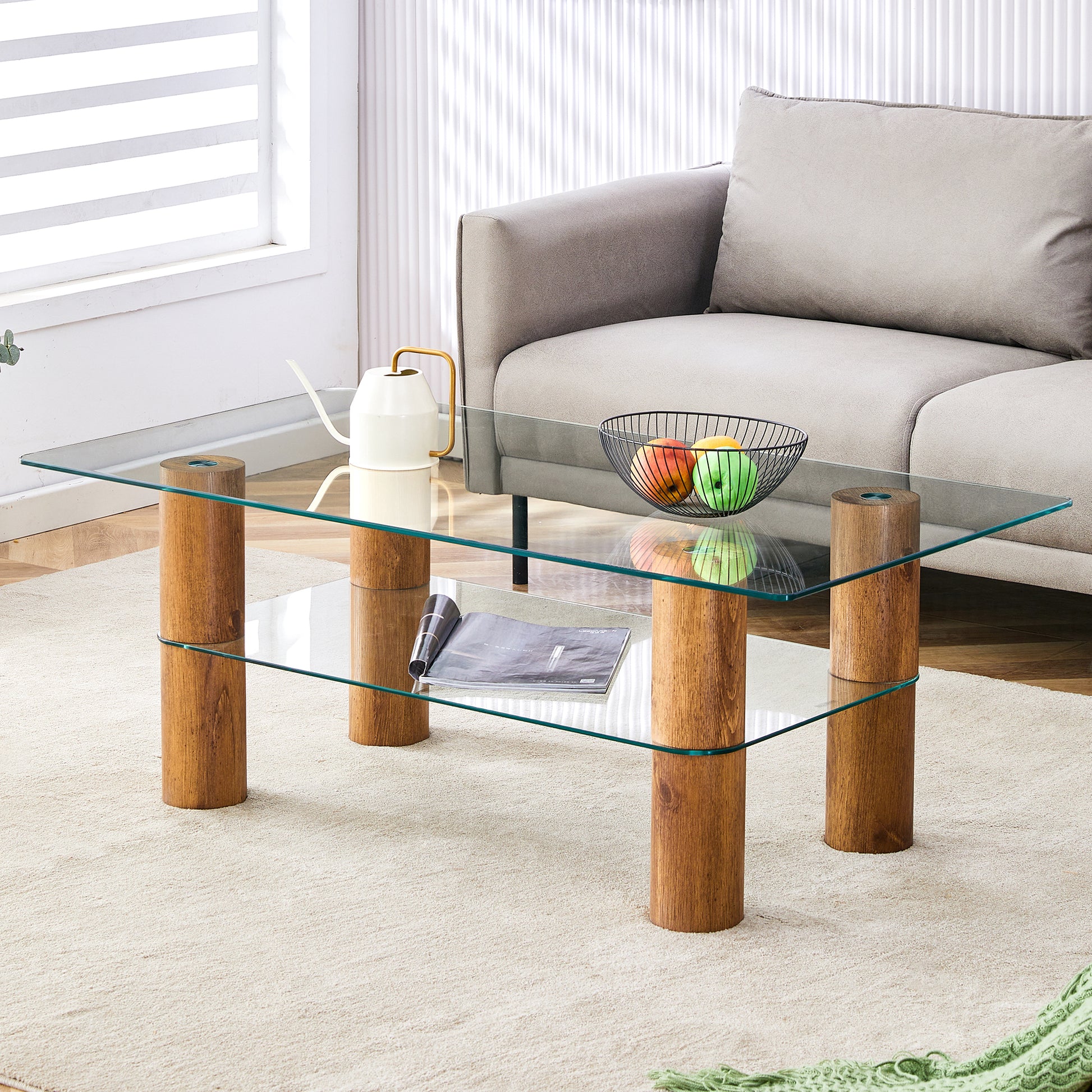 Modern Minimalist Double Layer Transparent Tempered Glass Coffee Table And Coffee Table, Paired With Wooden Mdf Decorative Columns. Computer Desk. Game Table. Ct X02 Transparent Glass