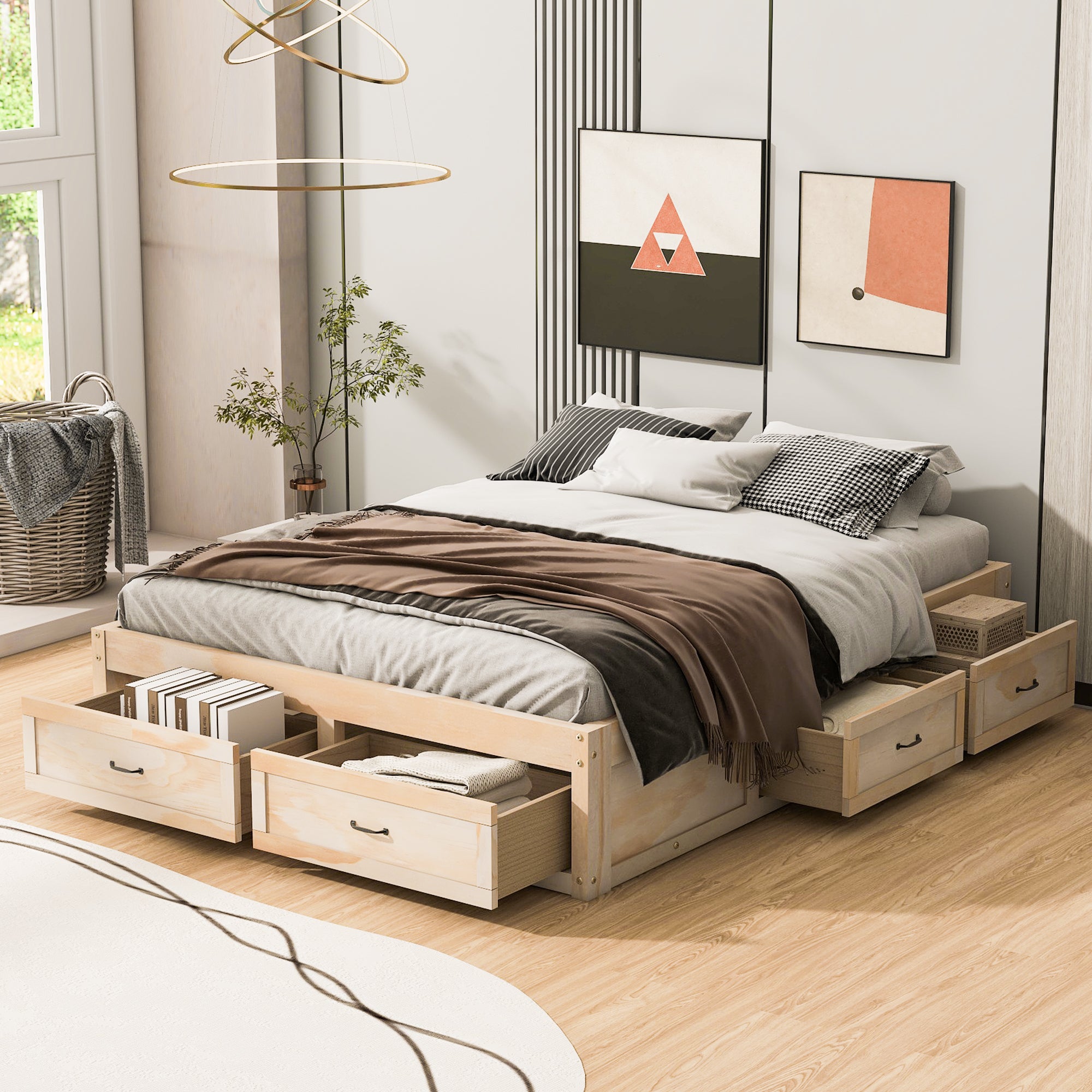 Queen Size Platform Bed With 6 Storage Drawers,Antique Natural Antique Natural Mdf Lvl