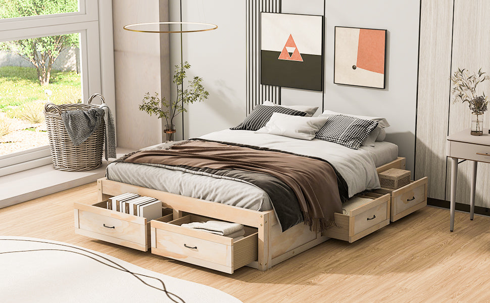 Queen Size Platform Bed With 6 Storage Drawers,Antique Natural Antique Natural Mdf Lvl