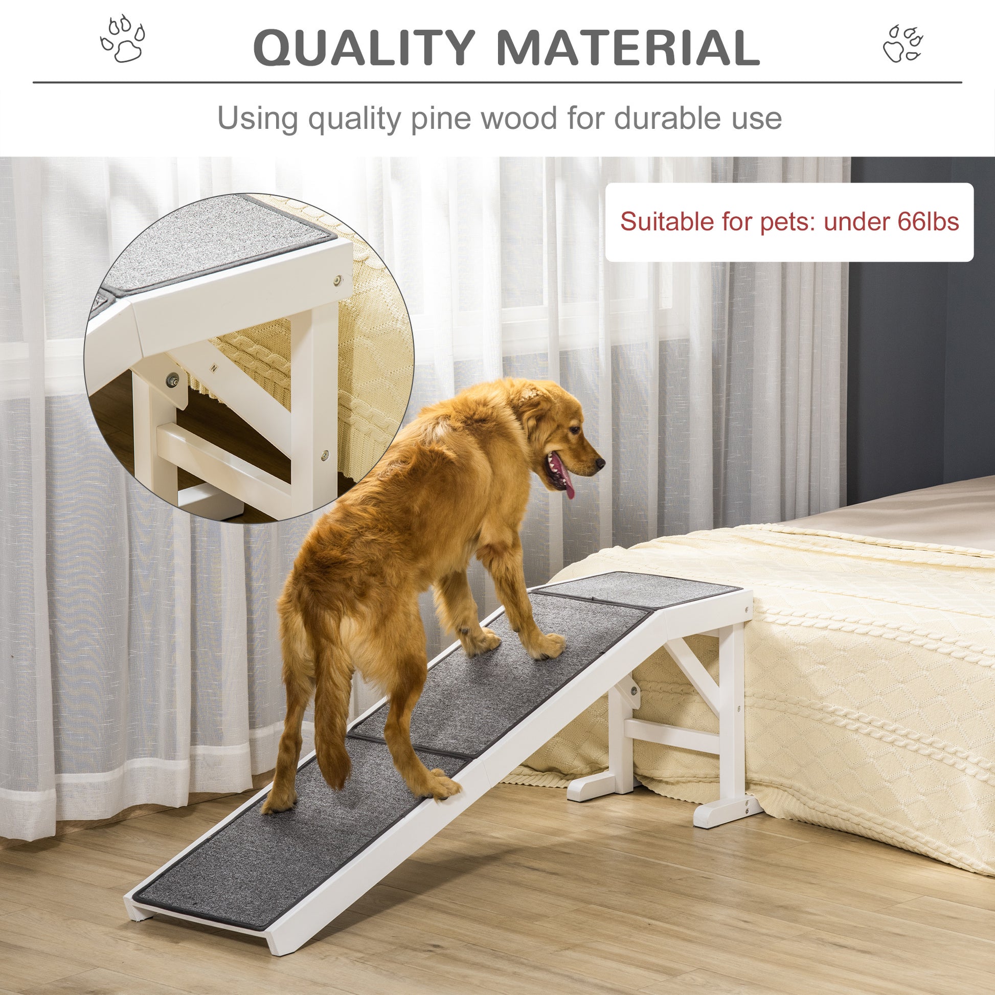 Pawhut Dog Ramp For Bed, Pet Ramp For Dogs With Non Slip Carpet And Top Platform, 60" X 16" X 20", White White Wood