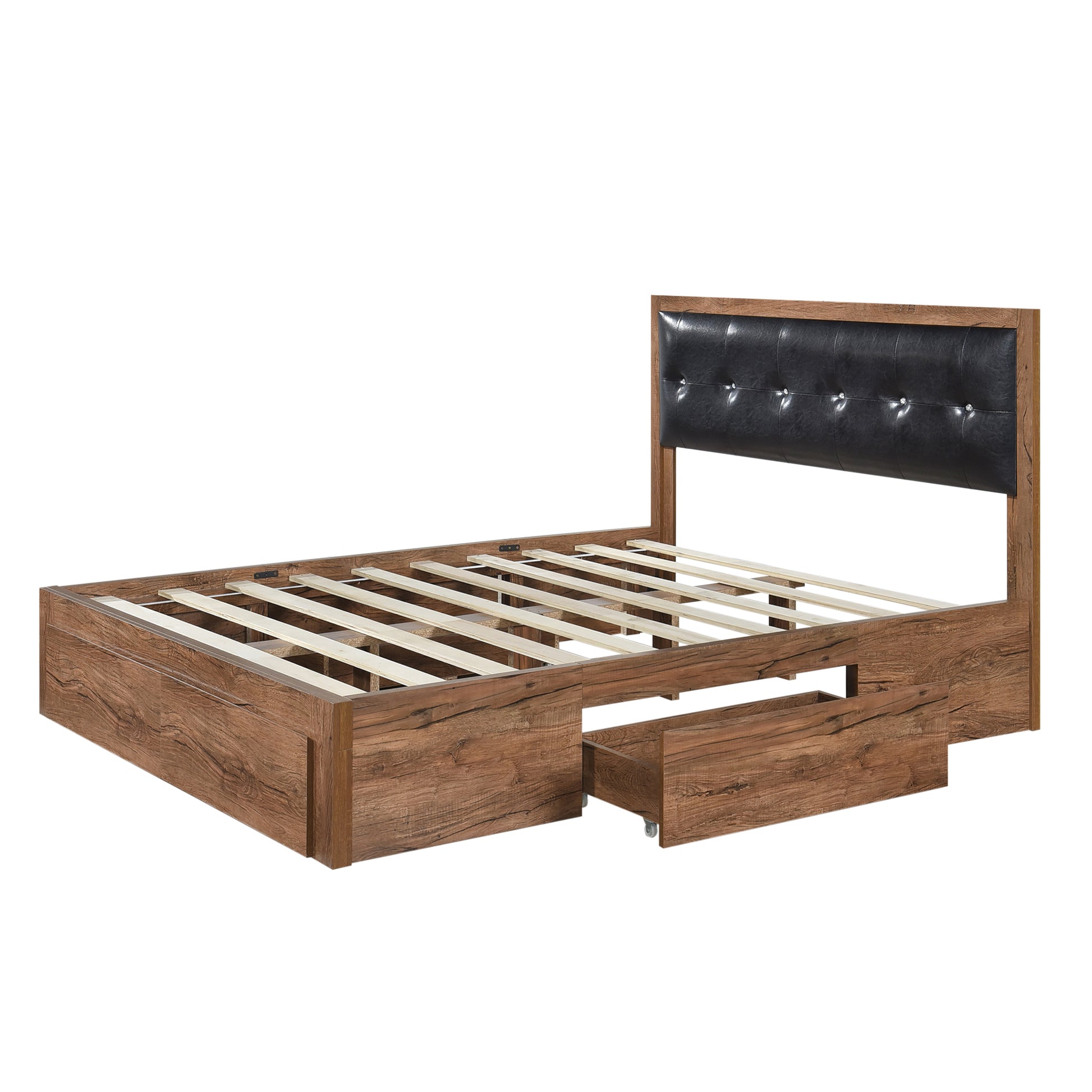 Queen Size Wood Platform Bed With Upholstered Headboard And 4 Drawers Box Spring Not Required Queen Walnut Wood Bedroom Bed Frame Faux Leather Solid Wood Mdf