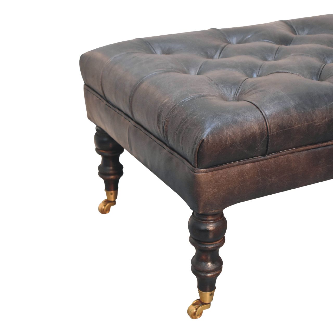 Buffalo Ash Black Leather Ottoman With Castor Legs Black Leather Solid Wood