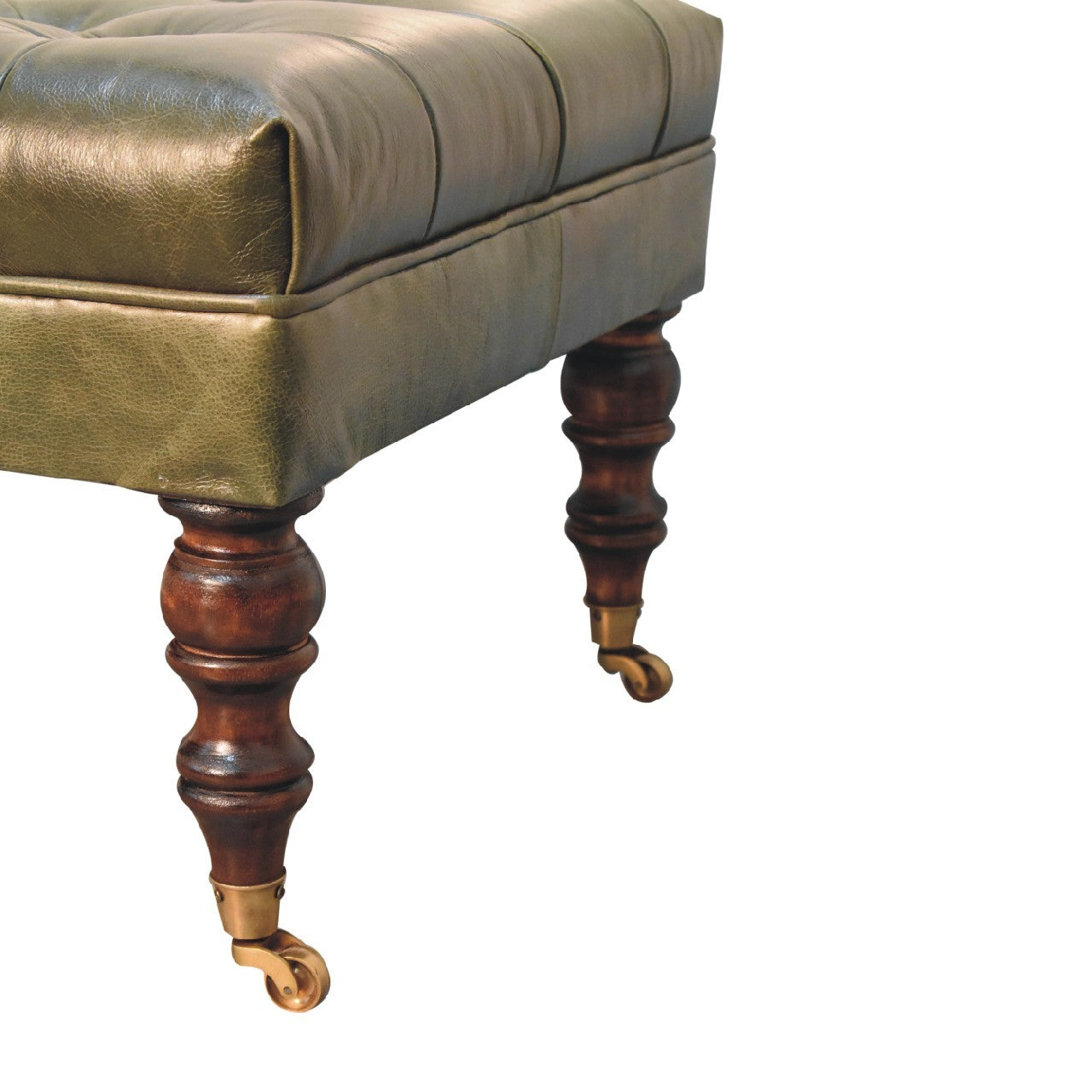 Buffalo Green Leather Ottoman With Castor Legs Green Leather Solid Wood