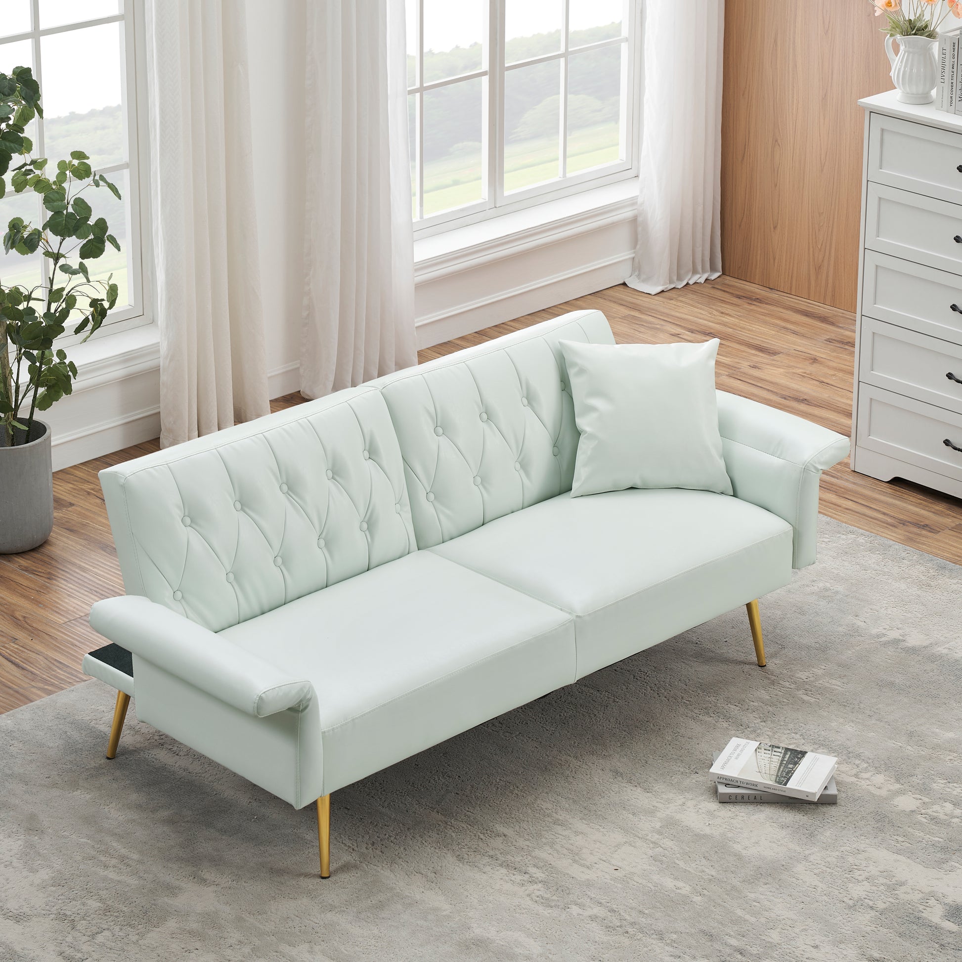 67.71 Inch Faux Leather Sofa Bed With Adjustment Armres White Light Brown Faux Leather Wood Primary Living Space Medium Soft Loose Back Contemporary Eucalyptus Square Arms Foam Pvc 2 Seat