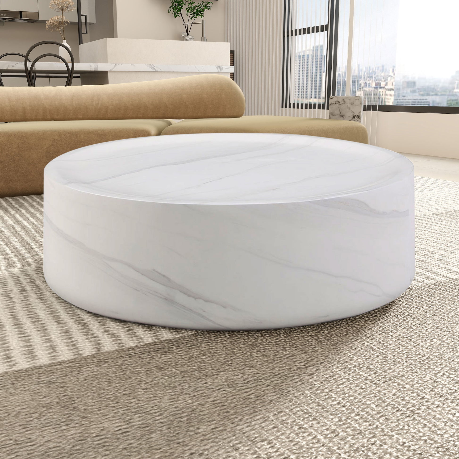 35.43'' Round Coffeee Table ,Marble Table ,Simple Modern Center Cocktail Table ,Sturdy Fiberglass Table For Living Room, No Need Assembly,White White Fiberglass