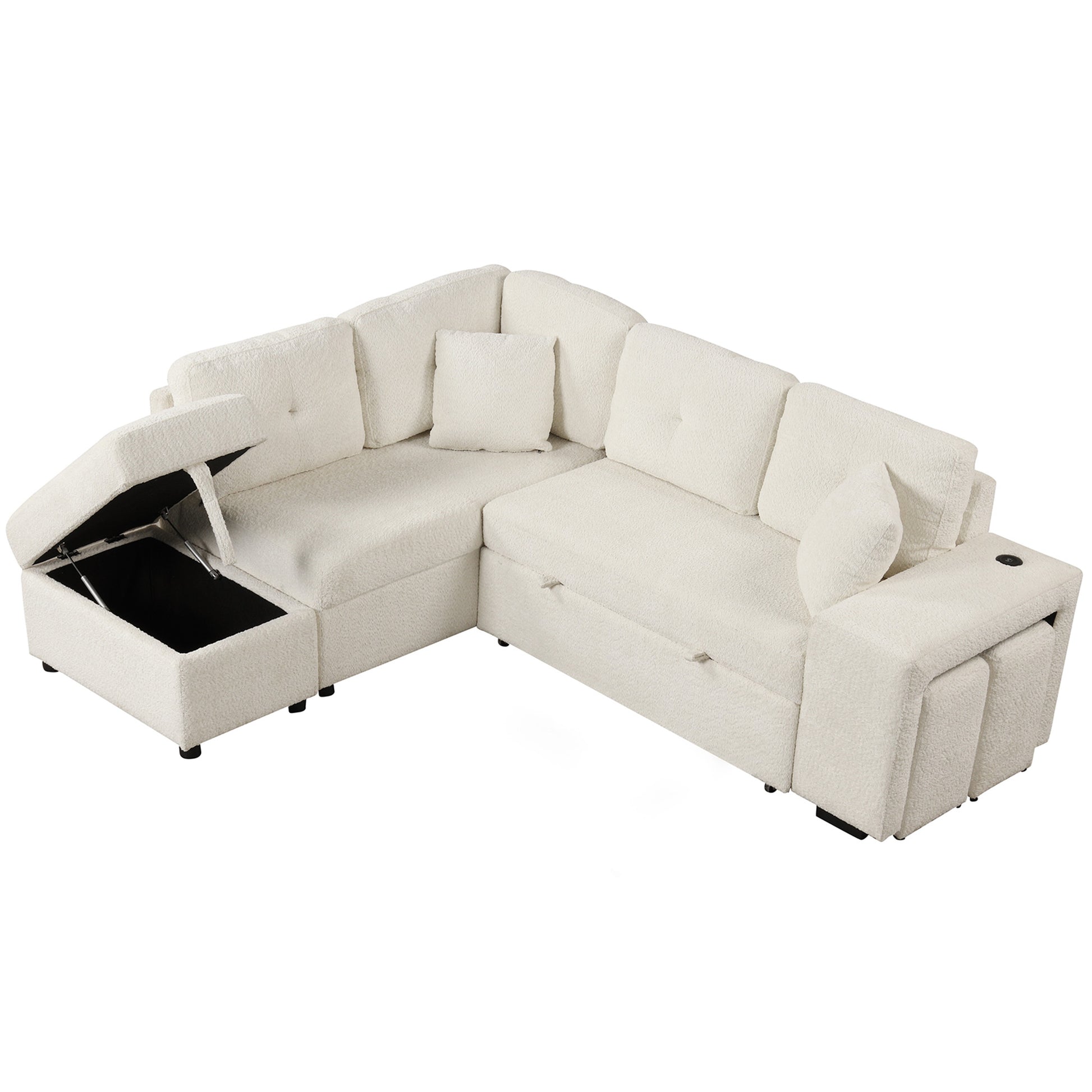 87.7" Convertible Sleeper, Sectional Pull Out Sofa Bed With Storage Ottoman, 2 Throw Pillows, 2 Stools, Wireless Charger And Two Hidden Usb Ports For Living Room, Cream Cream Chenille 4 Seat