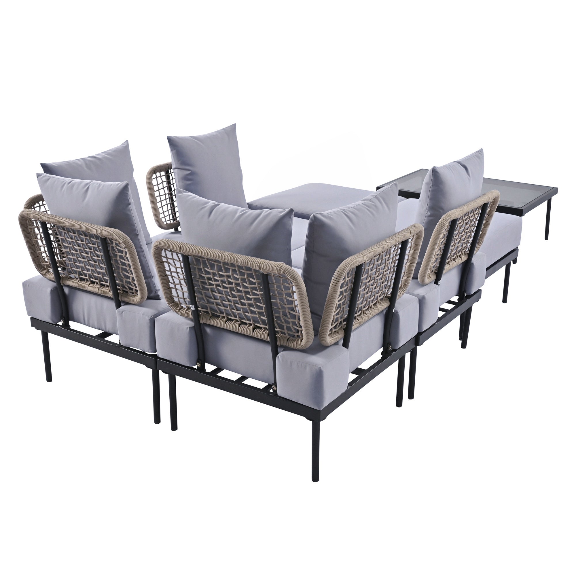 8 Piece Patio Sectional Sofa Set With Tempered Glass Coffee Table And Wooden Coffee Table For Outdoor Oasis, Garden, Patio And Poolside Light Grey Cushion Black Steel Light Grey Iron