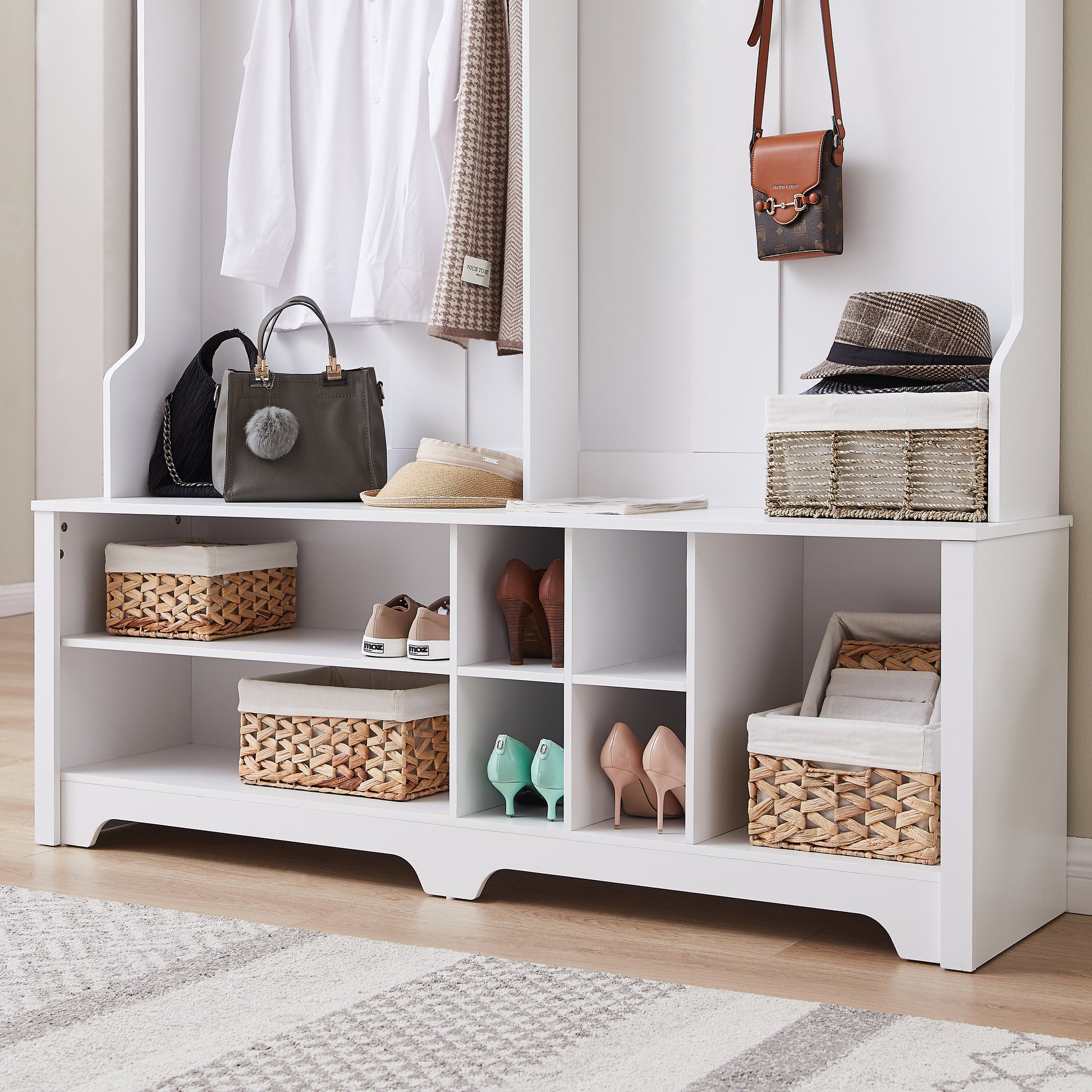 Hall Tree Entryway Bench With Coat Rack, With Shoe Cubbies For Bedroom, White, 59.8'' W X 15.8'' D X 76.8''H. White Particle Board