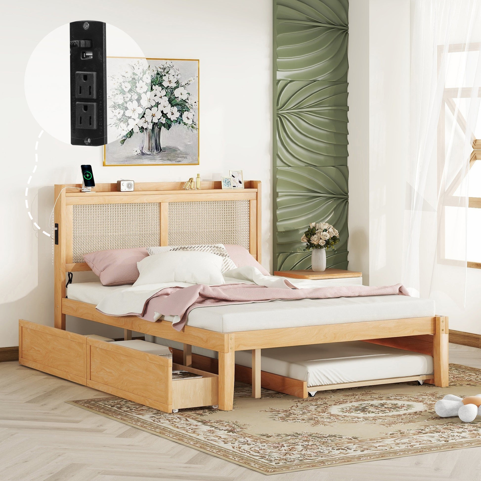 Queen Size Elegant Bed Frame With Rattan Headboard And Sockets ,Natural Twin Natural Rattan