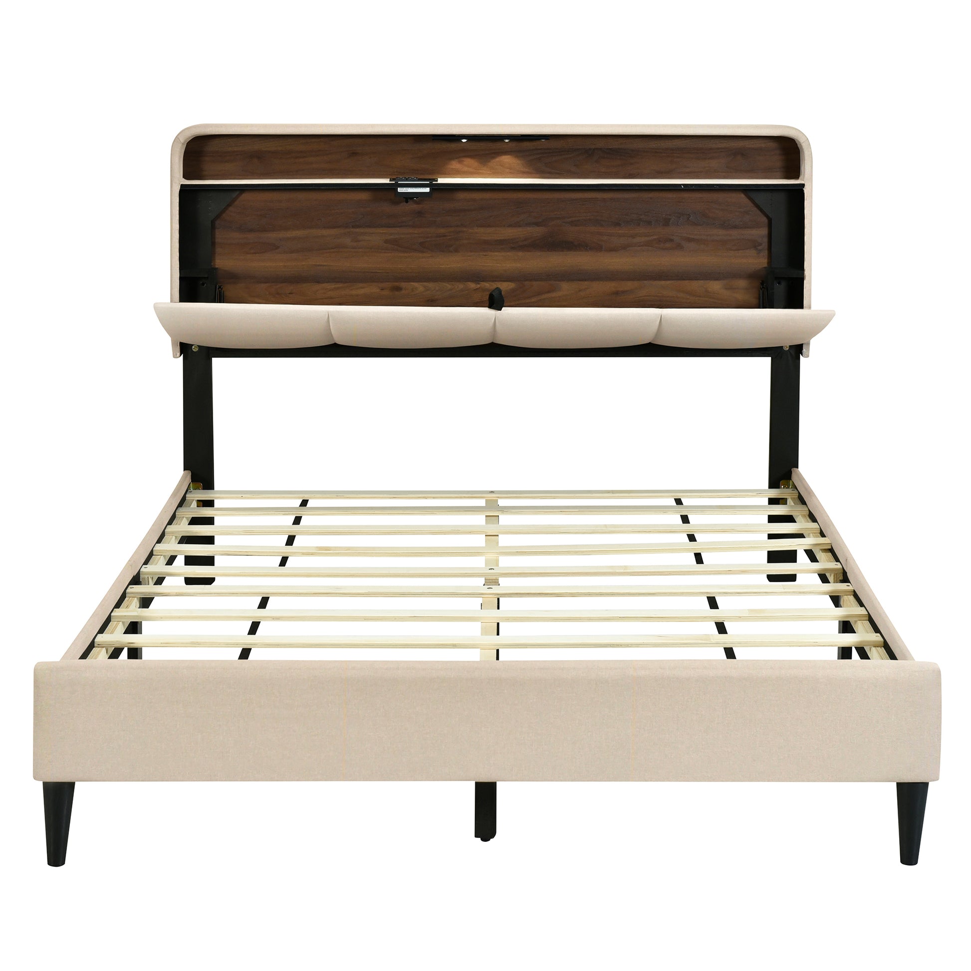 Queen Size Upholstered Platform Bed With Storage Headboard, Sensor Light And A Set Of Sockets And Usb Ports, Linen Fabric, Beige Beige Linen