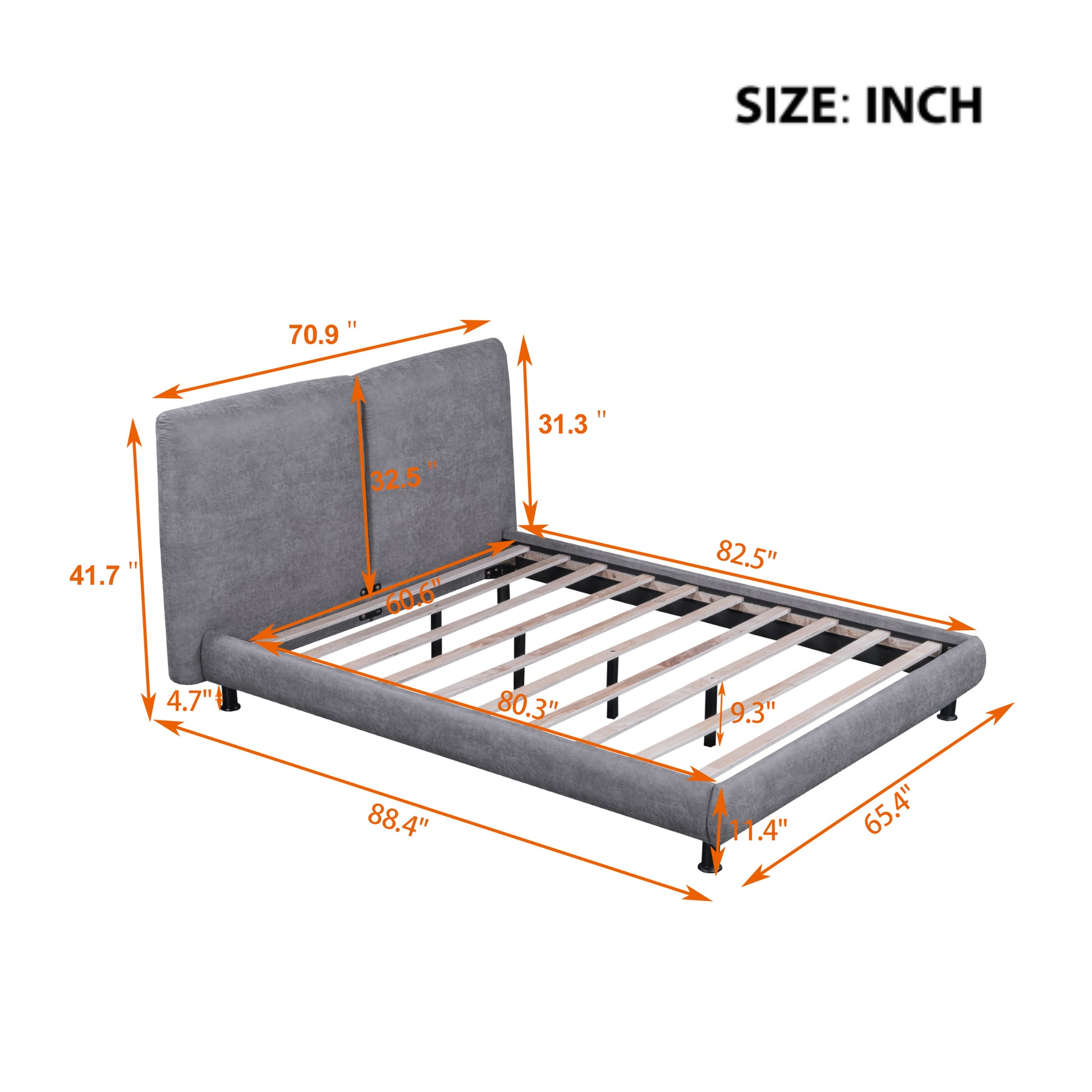 Queen Size Upholstered Platform Bed With Two Large Headrests And Thick Fabric, Polyester, Gray Gray Polyester