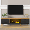 Stylish Led Tv Stand With Marble Veined Table Top For Tvs Up To 78'', Entertainment Center With Brown Glass Storage Cabinet, Golden Legs & Handles For Living Room, Black Gold Black Primary Living Space 70 79 Inches 70 79 Inches Particle Board