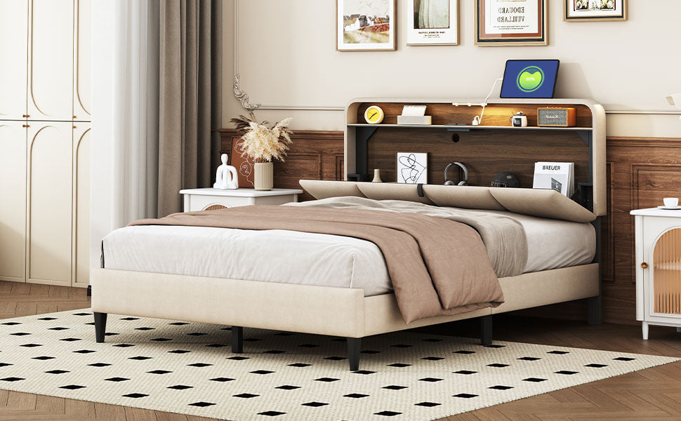 Full Size Upholstered Platform Bed With Storage Headboard, Sensor Light And A Set Of Sockets And Usb Ports, Linen Fabric, Beige Beige Linen