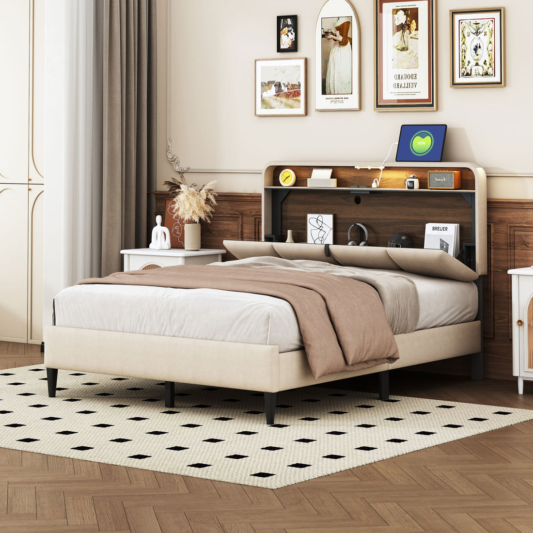 Full Size Upholstered Platform Bed With Storage Headboard, Sensor Light And A Set Of Sockets And Usb Ports, Linen Fabric, Beige Beige Linen
