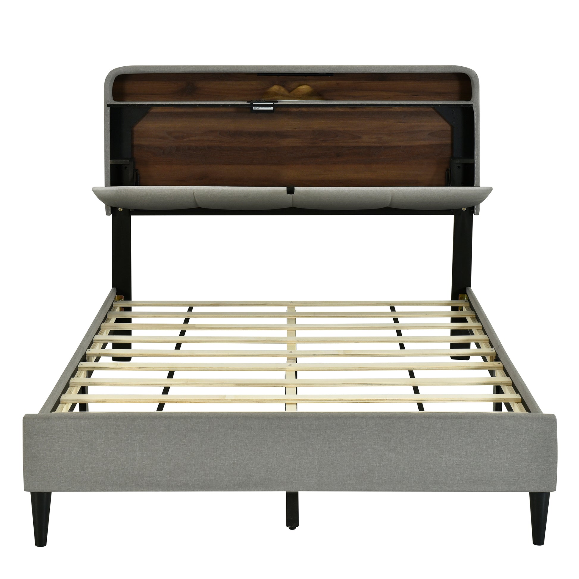 Full Size Upholstered Platform Bed With Storage Headboard, Sensor Light And A Set Of Sockets And Usb Ports, Linen Fabric, Gray Gray Linen