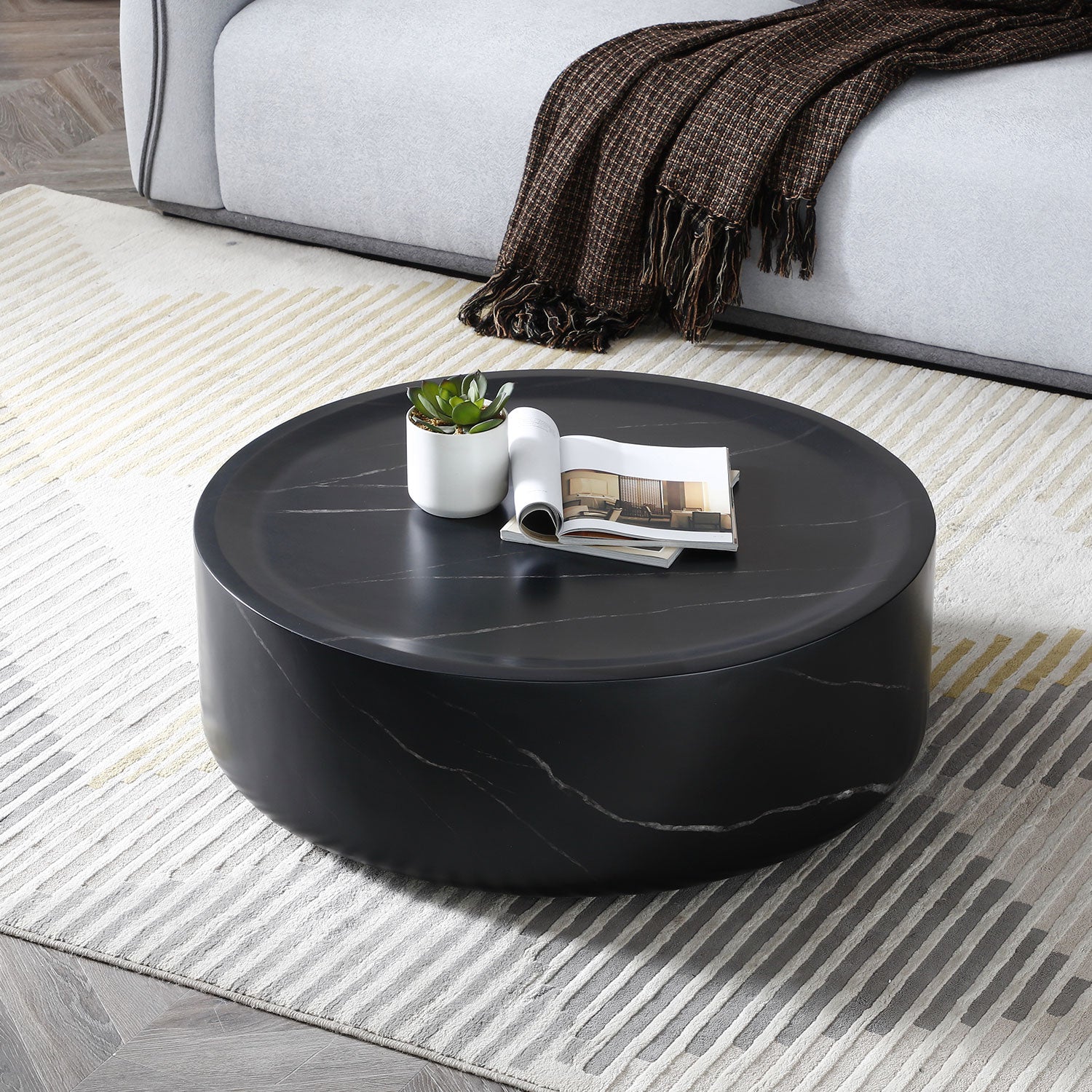 39.37'' Black Marble Round Coffee Table Sturdy Fiberglass Table For Living Room ,No Need Assembly. Black Fiberglass
