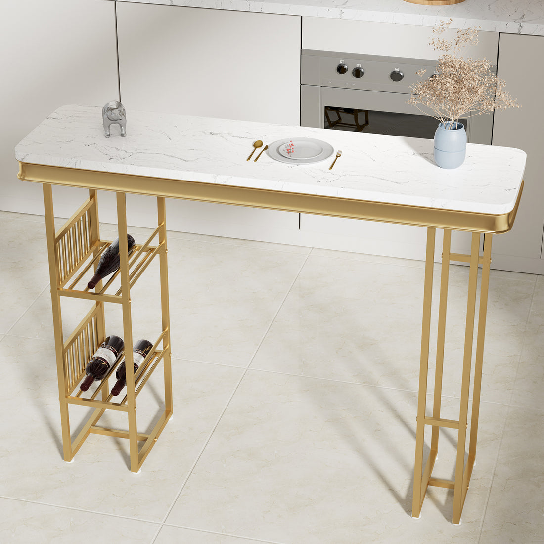 55.1" Modern Straight Bar Table With Shelves In White & Gold White Gold Dining Room Contemporary Floor Mount Rectangular Kitchen & Dining Tables Glossy Rectangular Mdf Metal