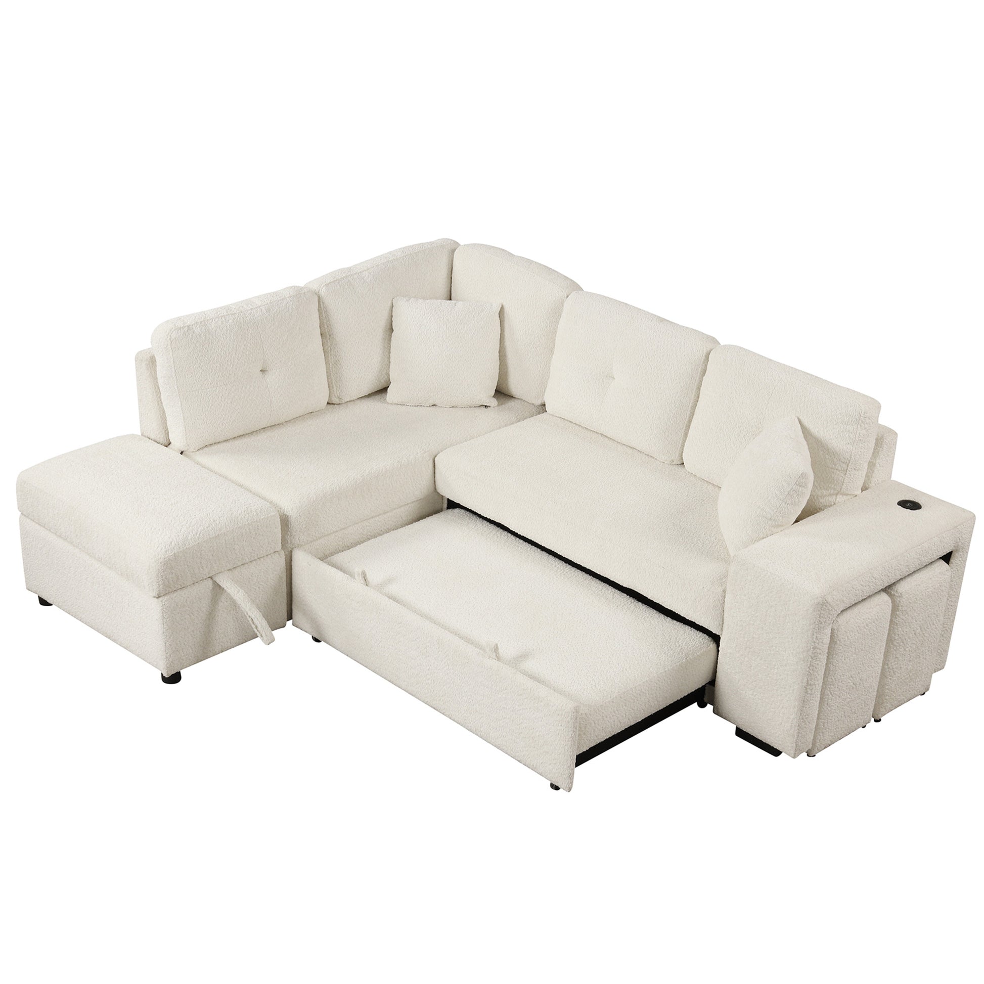 87.7" Convertible Sleeper, Sectional Pull Out Sofa Bed With Storage Ottoman, 2 Throw Pillows, 2 Stools, Wireless Charger And Two Hidden Usb Ports For Living Room, Cream Cream Chenille 4 Seat