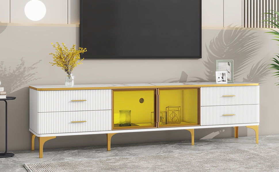 Stylish Led Tv Stand With Marble Veined Table Top For Tvs Up To 78'', Entertainment Center With Brown Glass Storage Cabinet, Golden Legs & Handles For Living Room, White Gold White Primary Living Space 70 79 Inches 70 79 Inches Particle Board