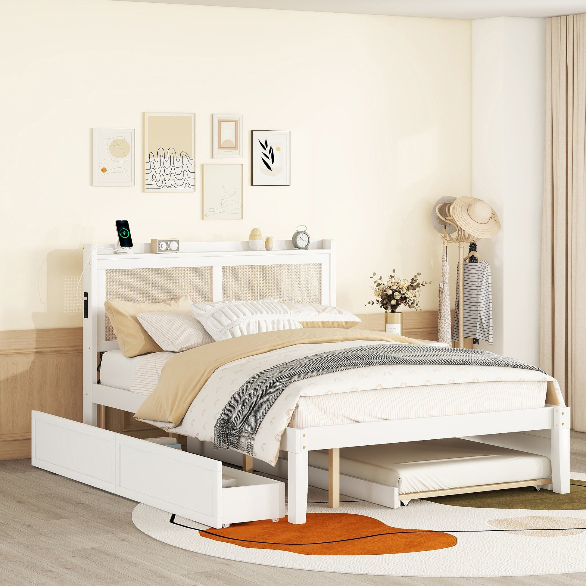 Queen Size Elegant Bed Frame With Rattan Headboard And Sockets ,White White Rattan