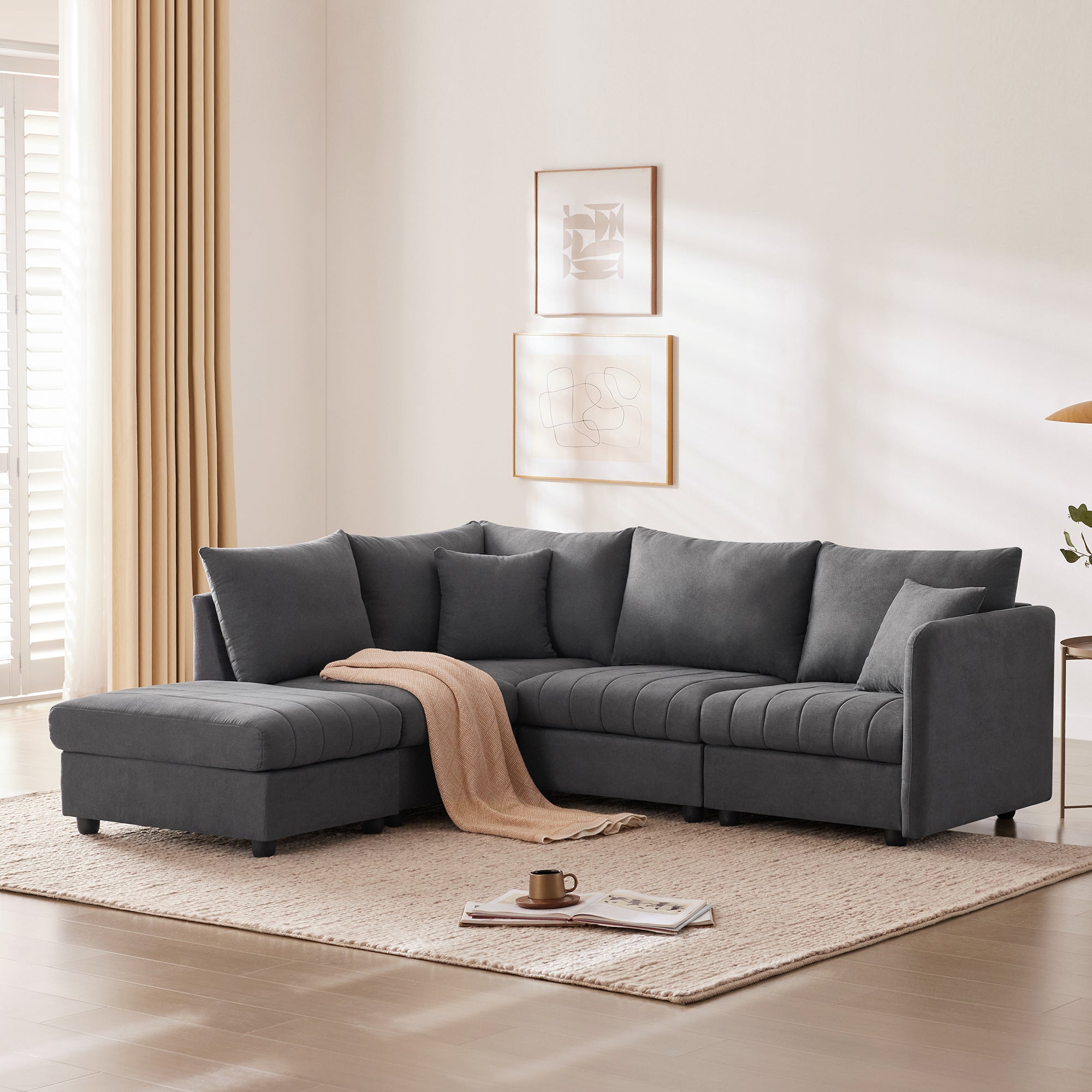 89*79"Modern Sectional Sofa With Vertical Stripes,2 Pillows,5 Seat Couch With Convertible Ottoman,Various Combinations,L Shape Indoor Furniture For Living Room,Apartment, 3 Colors Dark Gray Fabric 5