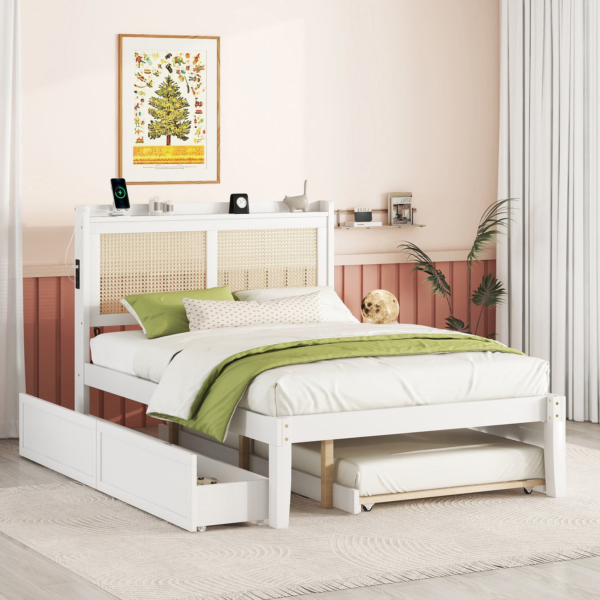 Full Size Elegant Bed Frame With Rattan Headboard And Sockets ,White Full White Rattan