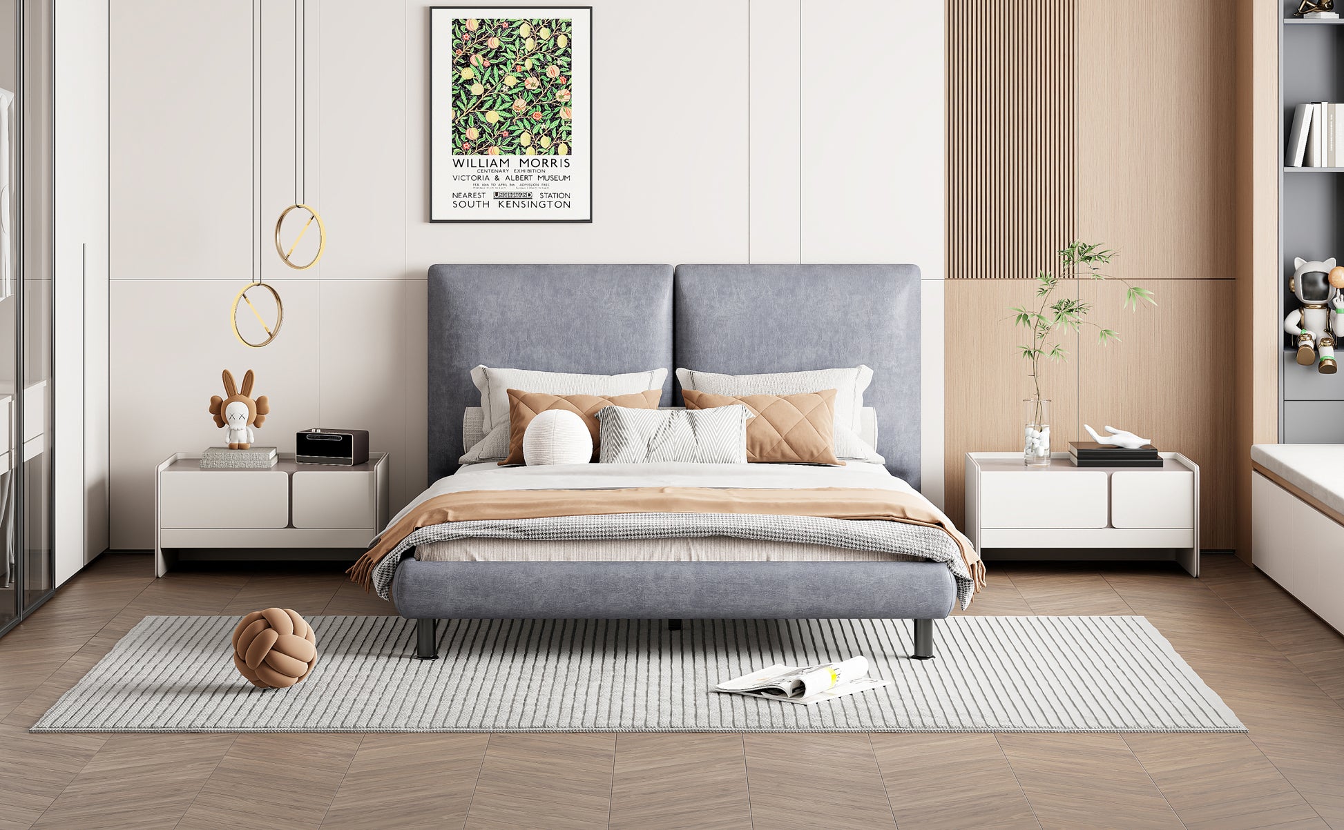 Queen Size Upholstered Platform Bed With Two Large Headrests And Thick Fabric, Polyester, Gray Gray Polyester