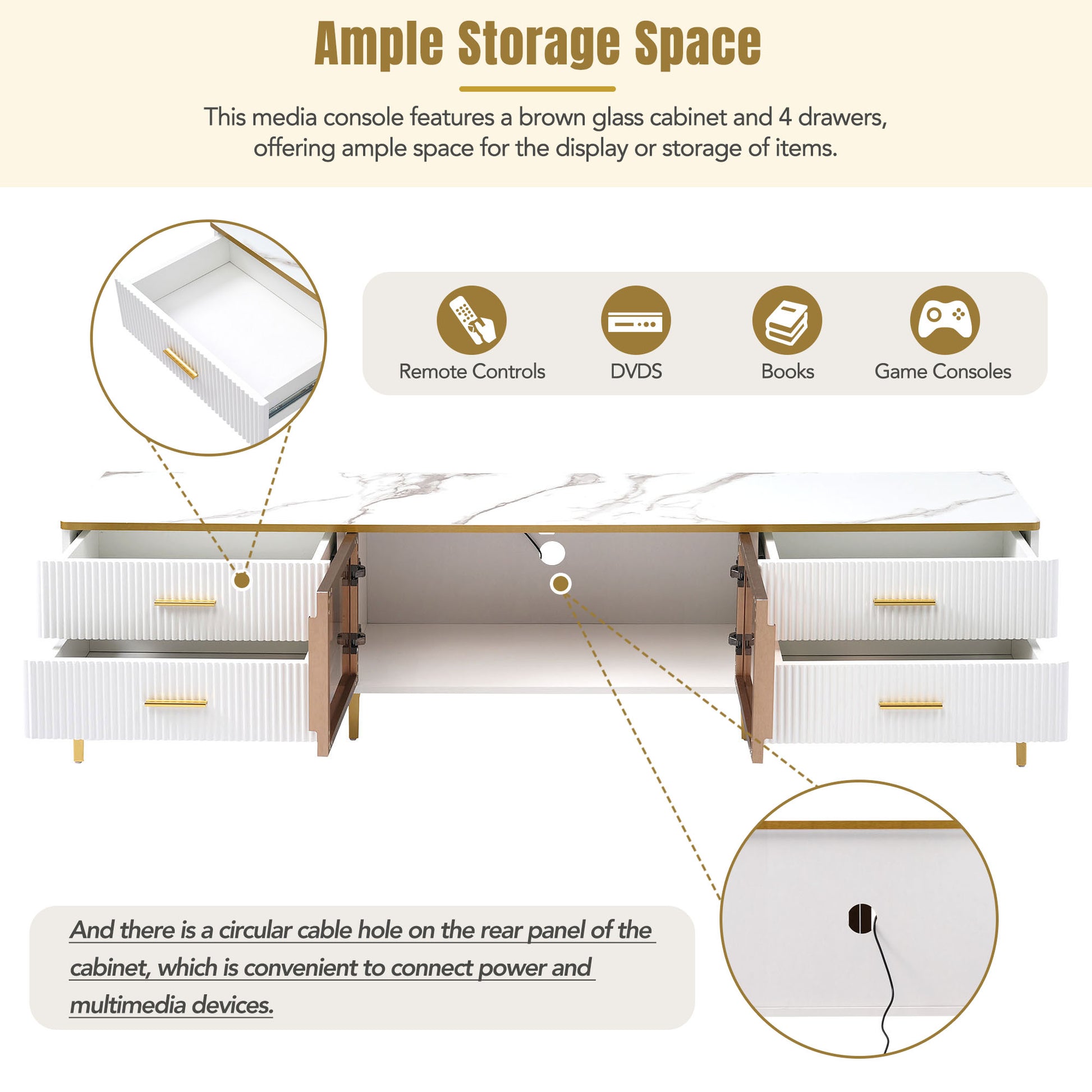 Stylish Led Tv Stand With Marble Veined Table Top For Tvs Up To 78'', Entertainment Center With Brown Glass Storage Cabinet, Golden Legs & Handles For Living Room, White Gold White Primary Living Space 70 79 Inches 70 79 Inches Particle Board