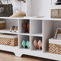 Hall Tree Entryway Bench With Coat Rack, With Shoe Cubbies For Bedroom, White, 59.8'' W X 15.8'' D X 76.8''H. White Particle Board