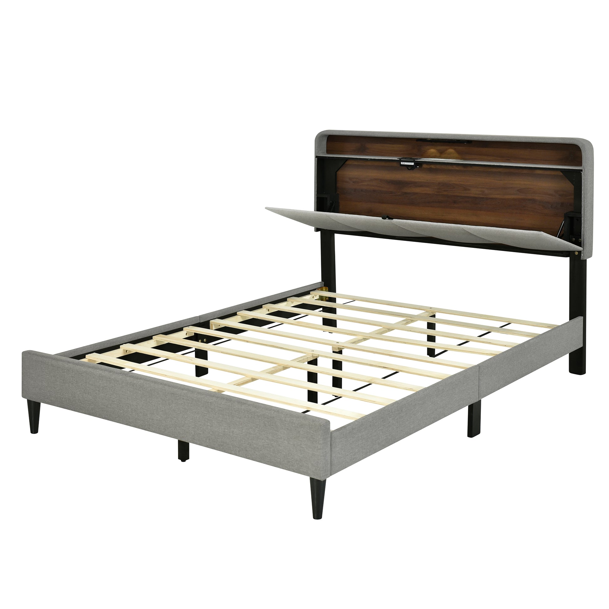 Queen Size Upholstered Platform Bed With Storage Headboard, Sensor Light And A Set Of Sockets And Usb Ports, Linen Fabric, Gray Gray Linen