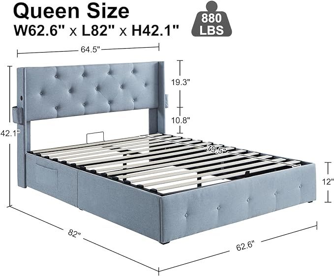 Queen Size Bed Frame With Storage Lift Up Storage Bed With Modern Wingback Headboard, Usb Ports Box Spring Not Required Queen Light Gray Metal Bedroom Contemporary Bed Frame Foam Linen Upholstered