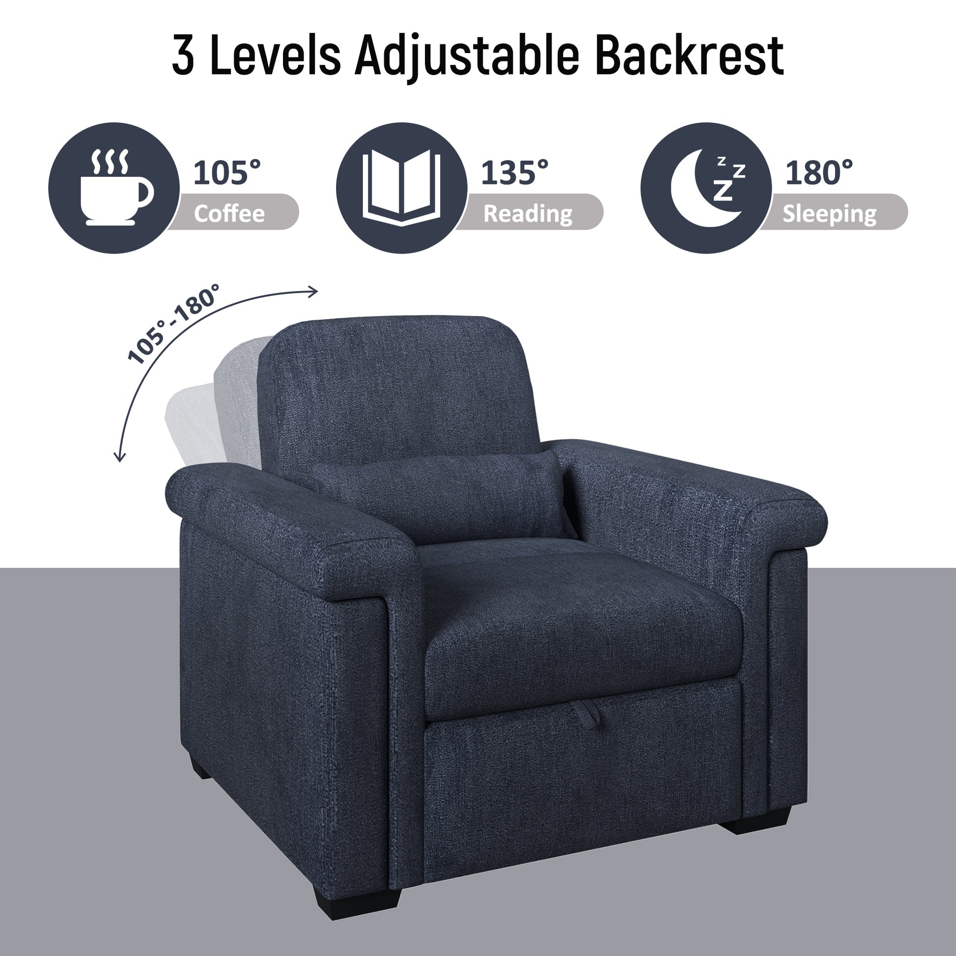 3 In 1 Convertible Sleeper Chair Sofa Bed Pull Out Couch Adjustable Chair With Pillow, Adjust Backrest Into A Sofa, Lounger Chair, Single Bed Or Living Room Or Apartment, Dark Blue Dark Blue Polyester
