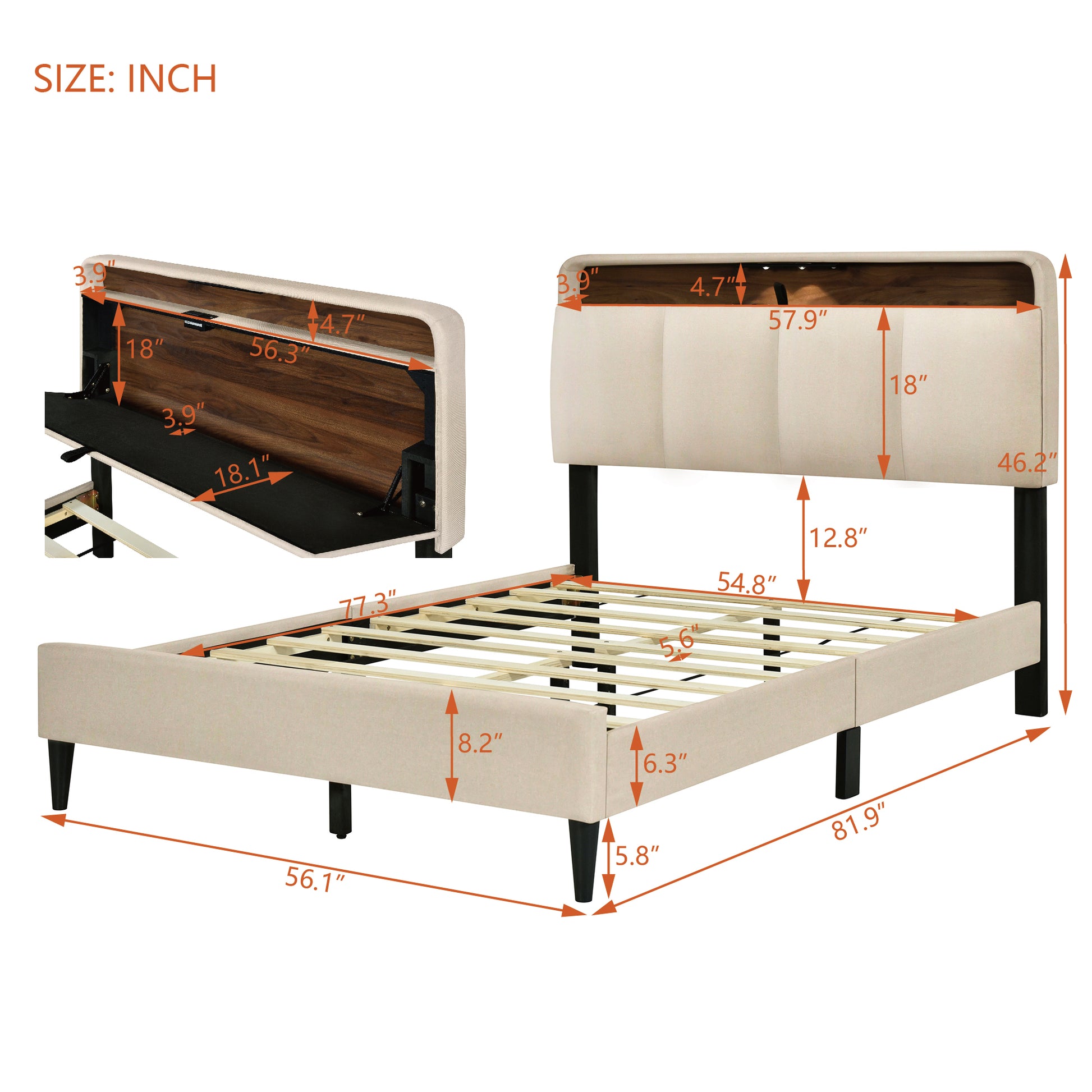 Full Size Upholstered Platform Bed With Storage Headboard, Sensor Light And A Set Of Sockets And Usb Ports, Linen Fabric, Beige Beige Linen