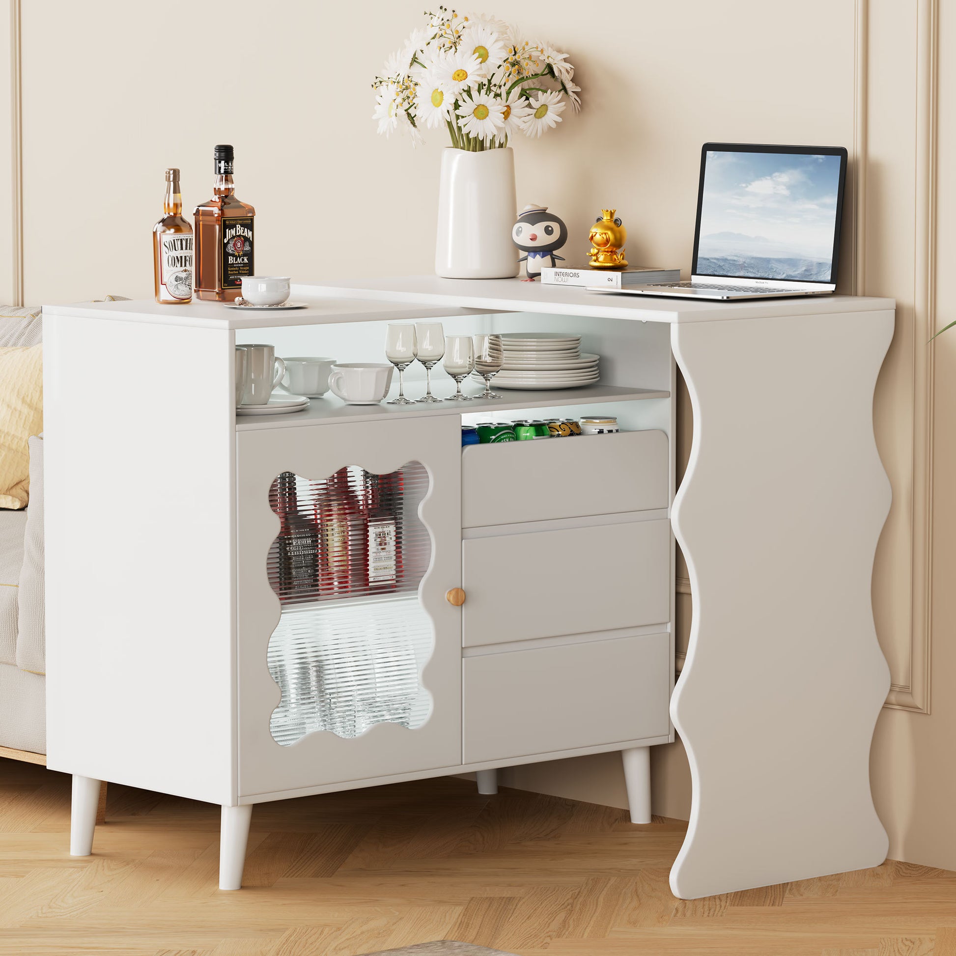 41" 79" L Shaped Table Desk Cabinet With Drawers, Led Lights White Dining Room Modern Mdf