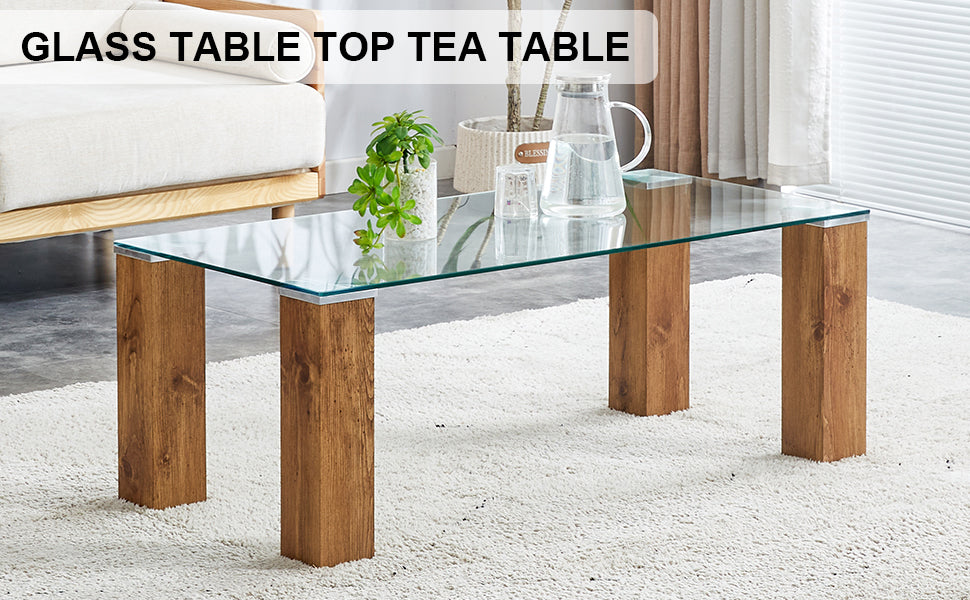 Glass Top Coffee Table,Tea Table, With Mdf Legs Stylish Blend Of Elegance And Durability 44.9"*21.7"*16.9" Transparent Glass