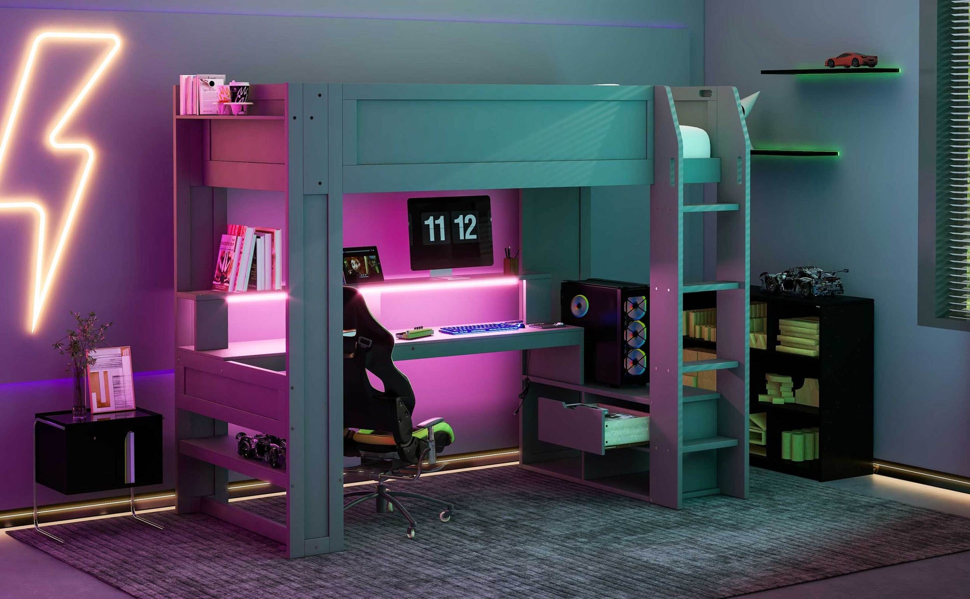 Wood Twin Size Gaming Loft Bed With Desk, Multi Storage Shelves, Led And Charging Station, Dark Gray Box Spring Not Required Twin Dark Gray Wood Bedroom Bed Frame Solid Wood Mdf