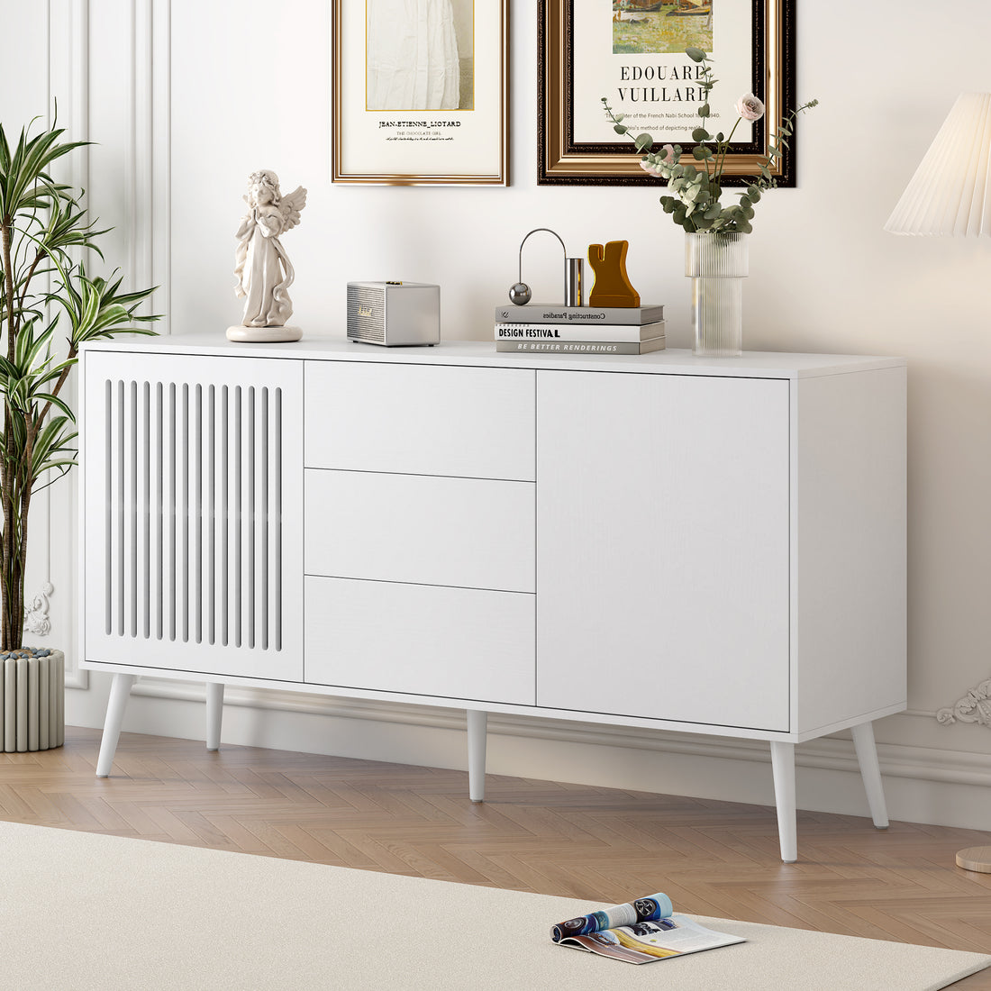 Modern Cabinet With 2 Doors And 3 Drawers, Suitable For Living Rooms, Studies, And Entrances. White Mdf