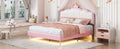 Full Size Upholstered Princess Bed With Crown Headboard,Full Size Platform Bed With Headboard And Footboard With Light Strips,Golden Metal Legs, White Pink Pink Pu