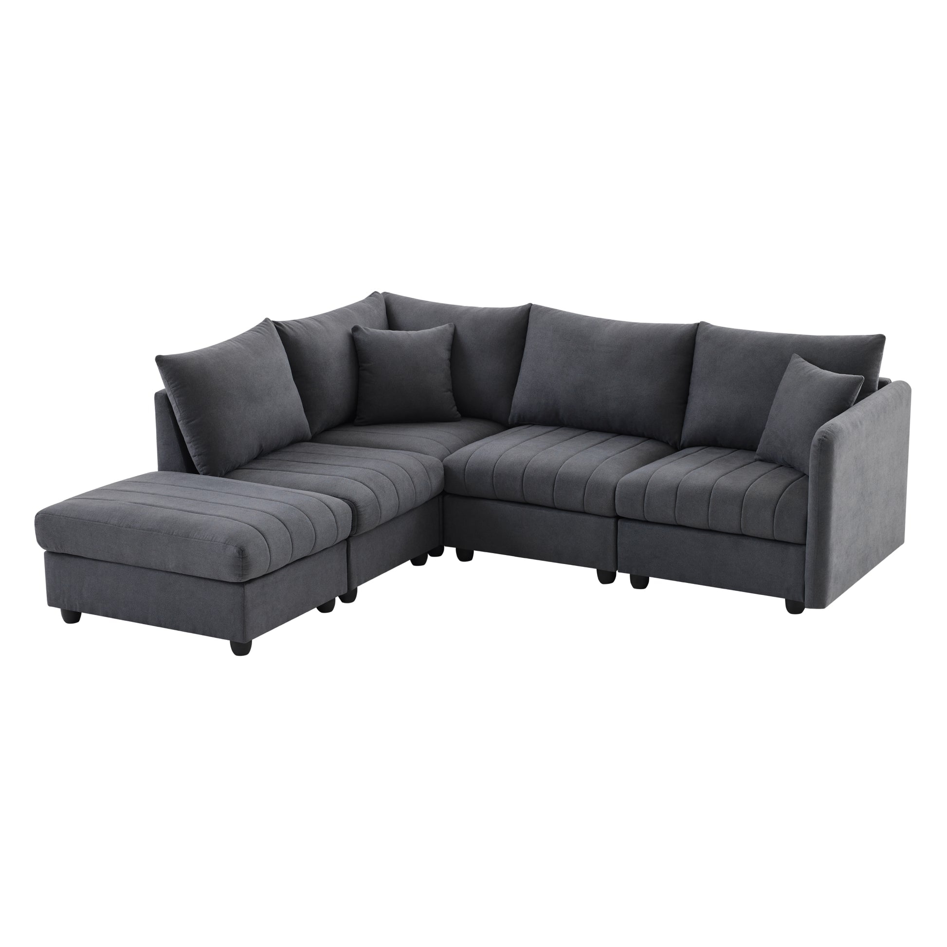 89*79"Modern Sectional Sofa With Vertical Stripes,2 Pillows,5 Seat Couch With Convertible Ottoman,Various Combinations,L Shape Indoor Furniture For Living Room,Apartment, 3 Colors Dark Gray Fabric 5